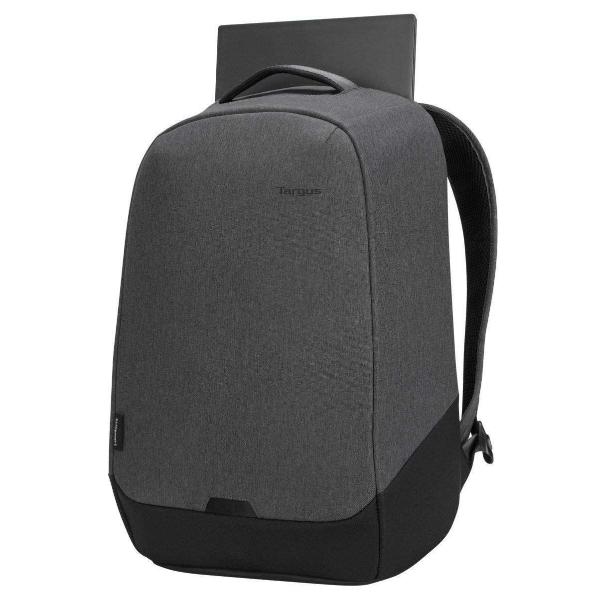 Mochila Targus gris con un portátil en el bolsillo trasero.