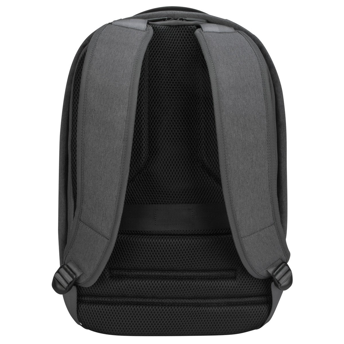 Parte trasera de una mochila gris con acolchado y correas de malla negra.