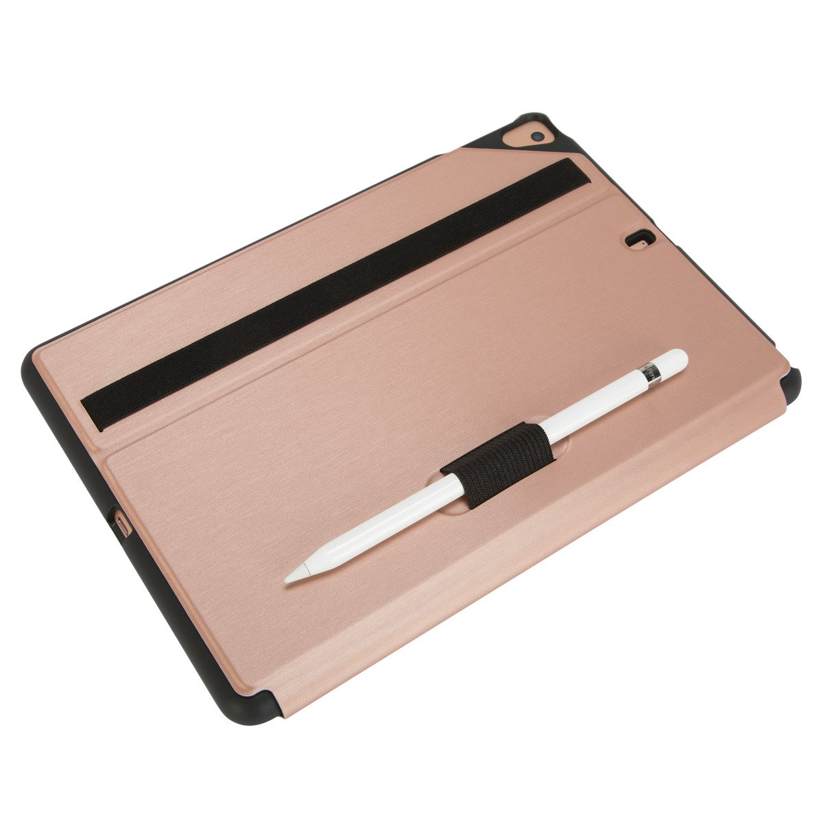 Funda de tableta oro rosa con un bolígrafo blanco adjunto. Correa y funda negras.