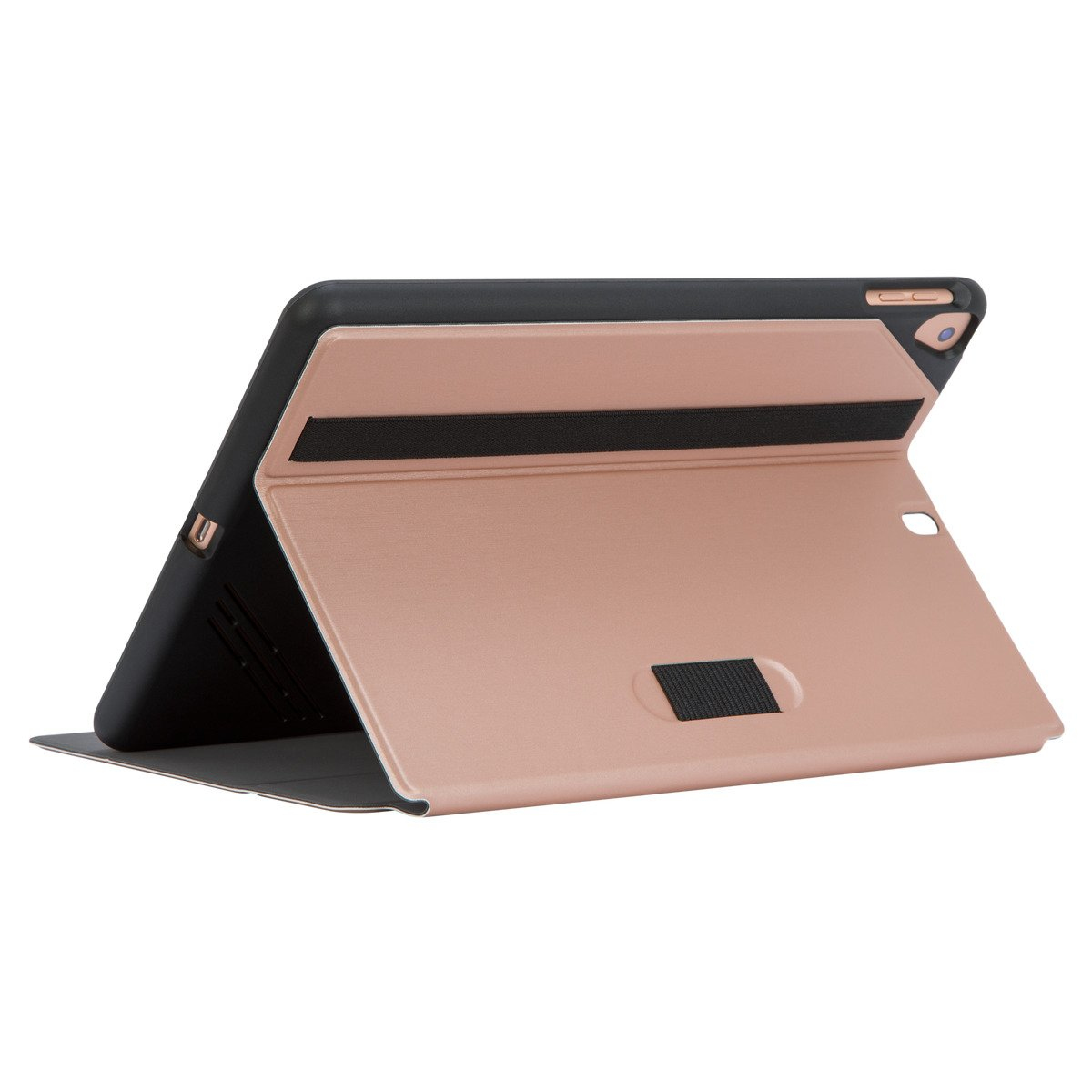 Tableta en una funda. La funda es negra y oro rosa. Está abierta e inclinada.