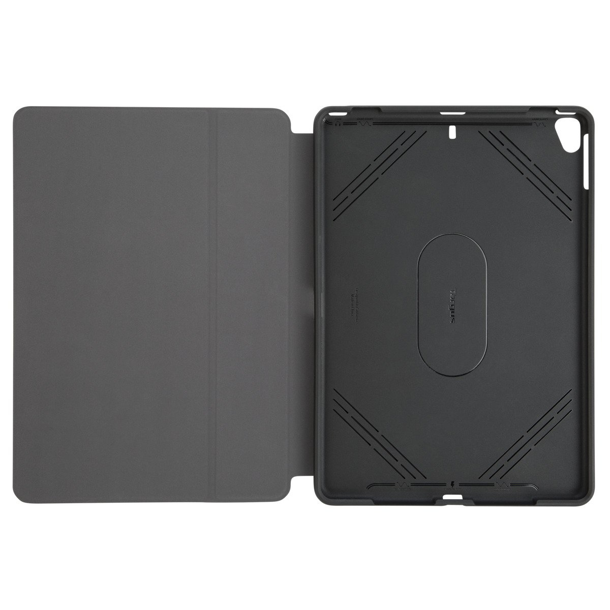 Funda de tableta gris, abierta, mostrando el interior y exterior.