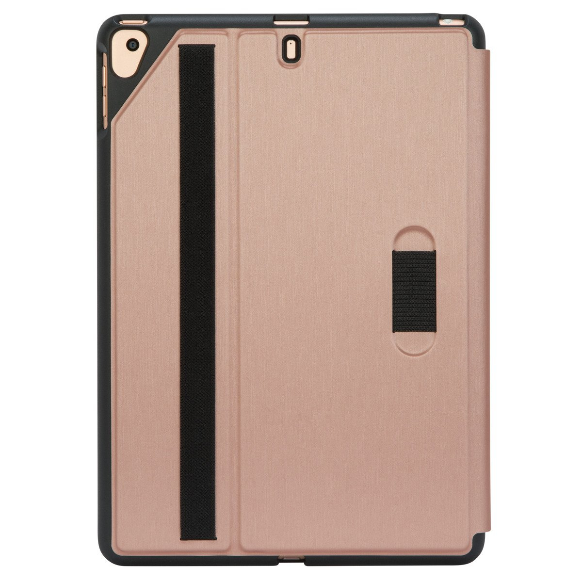 Una funda para iPad rosa con una correa negra y un marco negro, sobre un fondo blanco.