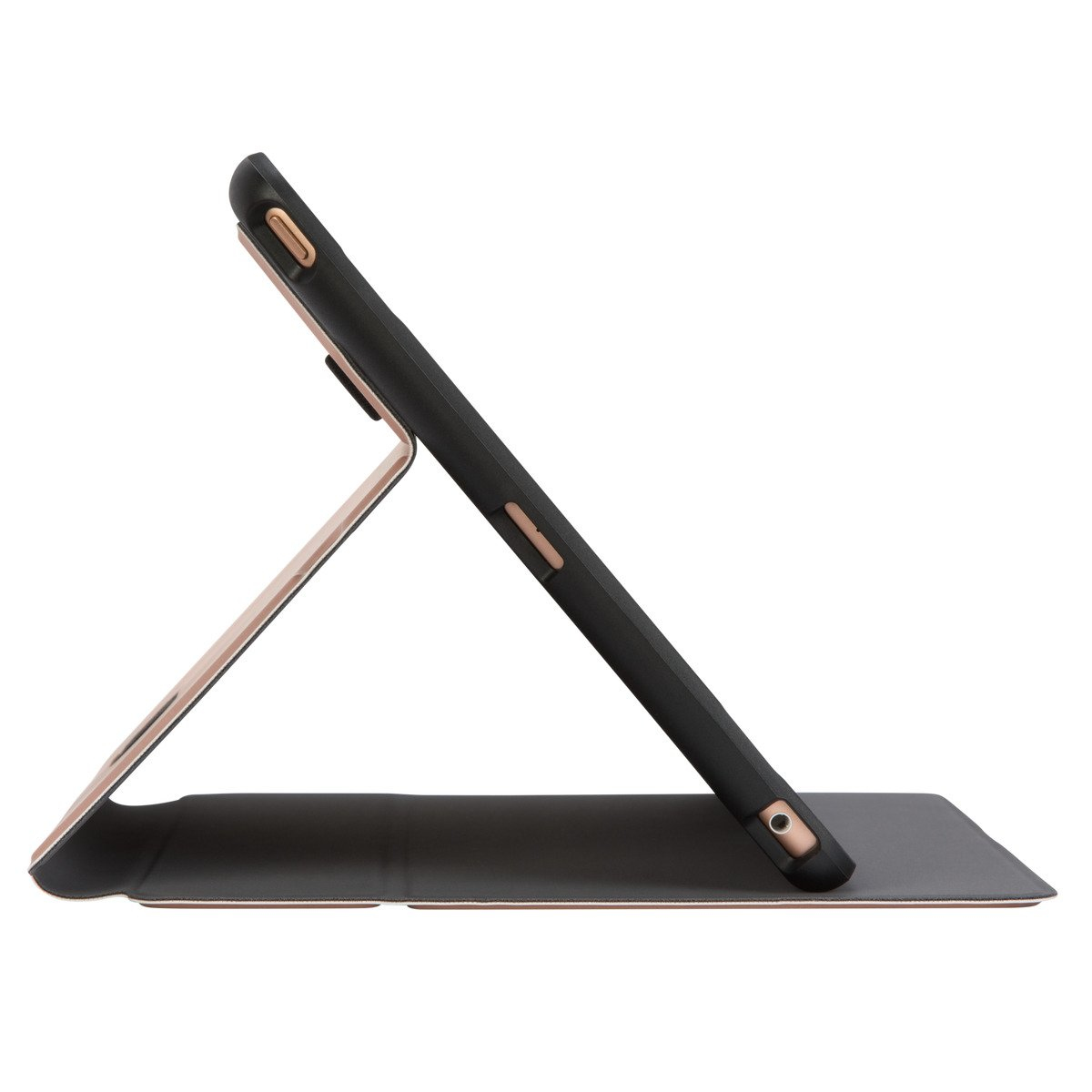 Tableta negra en una funda, abierta en ángulo para mostrar la pantalla.