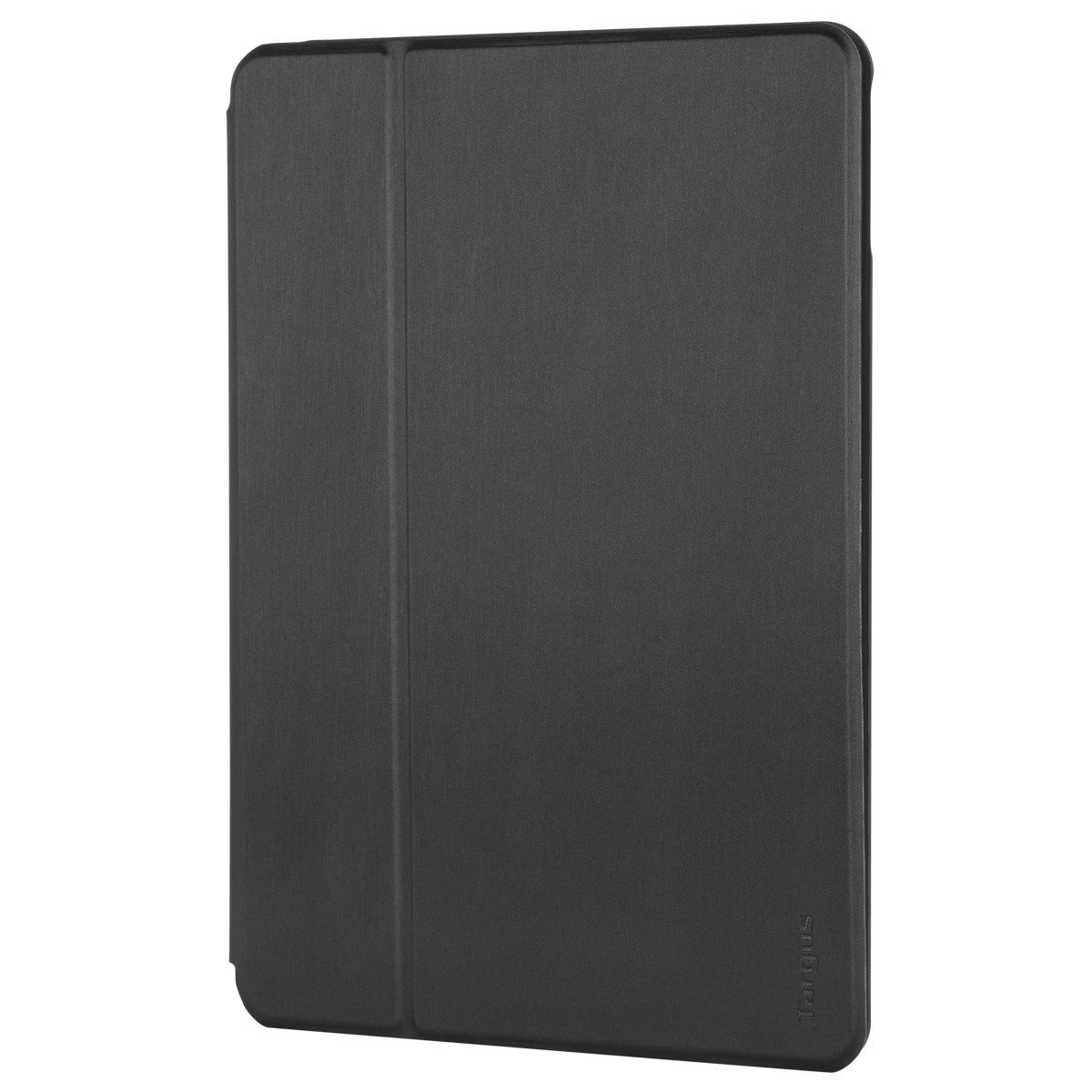 Una funda negra para tablet Targus, cerrada, con superficie texturizada y nombre de la marca.