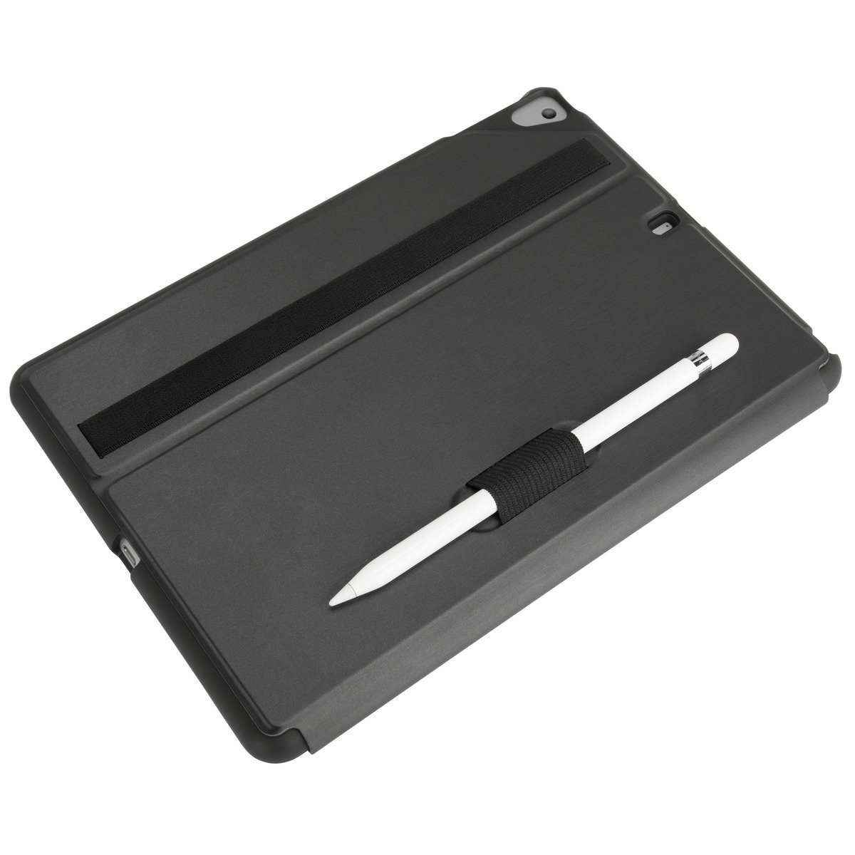 Funda de tableta gris abierta con correa negra y lápiz blanco.