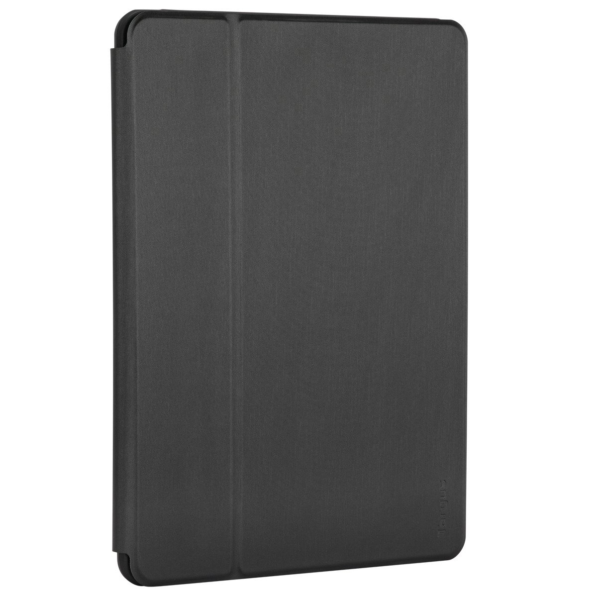 Funda negra para tableta cerrada, con el logo Targus en la parte inferior.