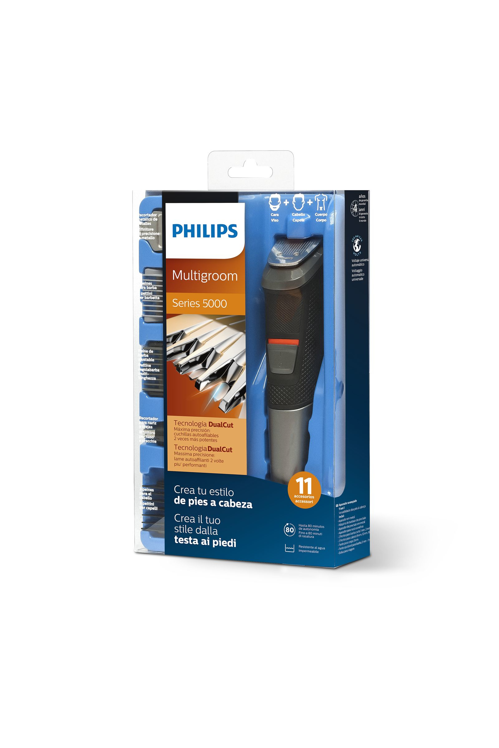 Caja Philips Multigroom Series 5000, negra y gris con texto.