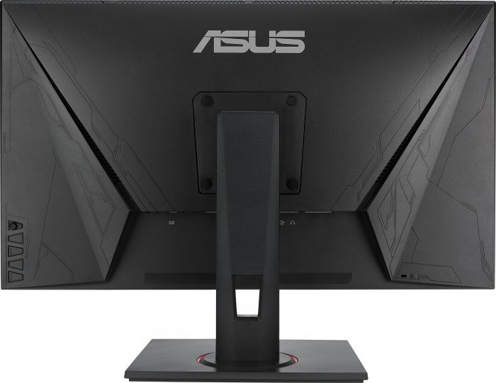 Parte trasera de un monitor ASUS negro. Diseño en ángulo, puertos visibles. Logo ASUS arriba.