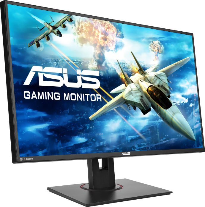 Un monitor ASUS para juegos con gráficos de aviones de combate. Soporte y marco negros.