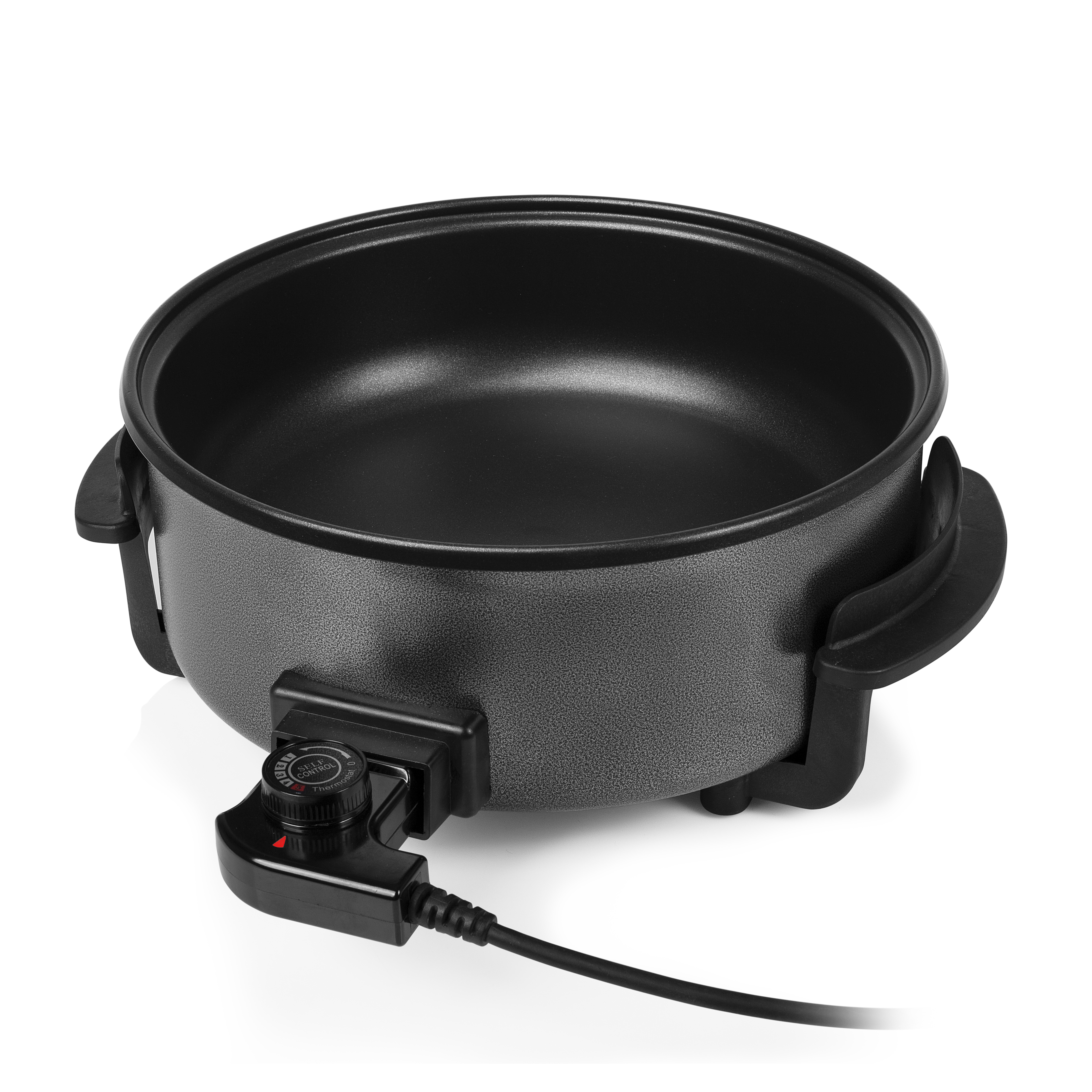 Sartén eléctrica negra con perilla de control de temperatura y cable de alimentación.