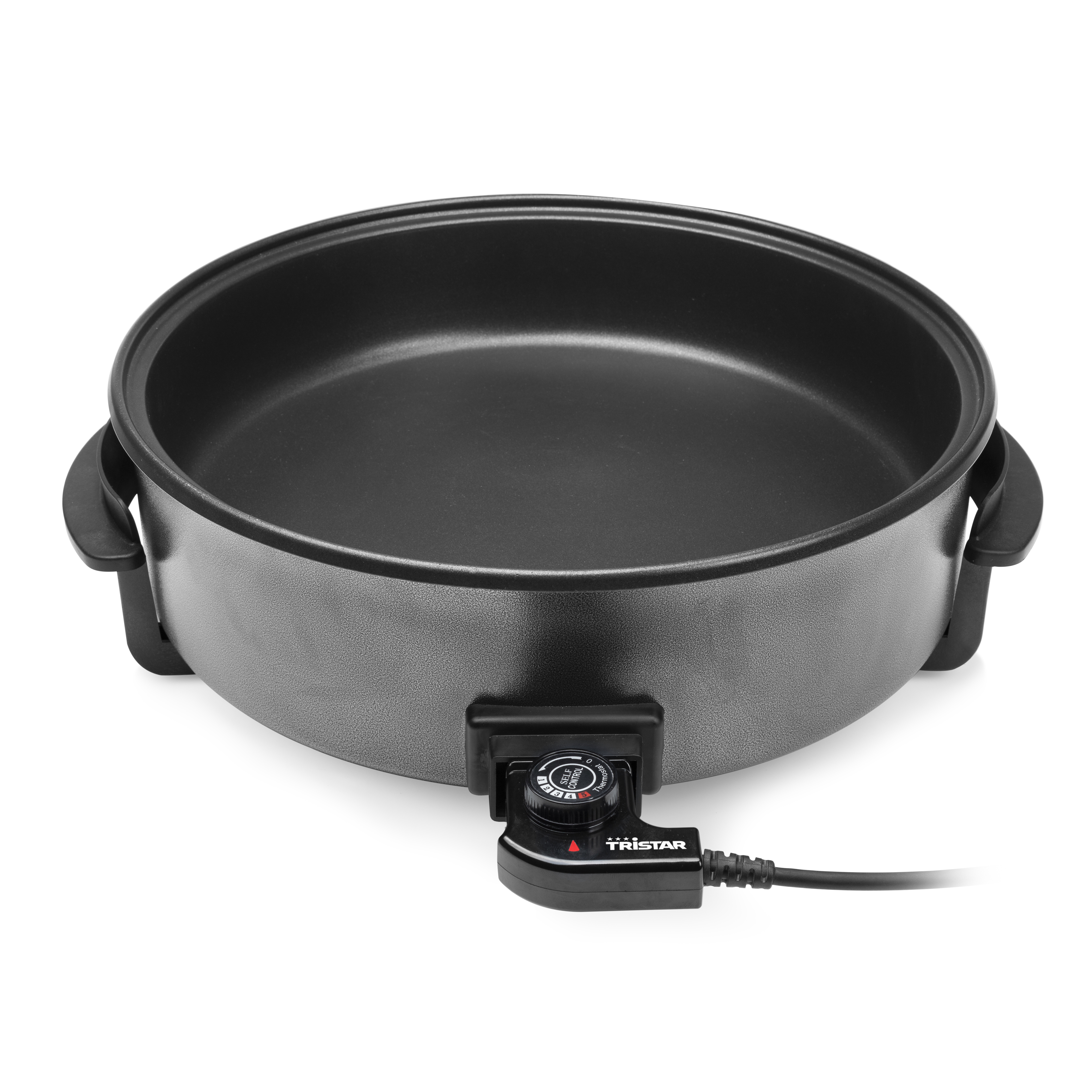 Una sartén eléctrica negra con control de temperatura y cable de alimentación.