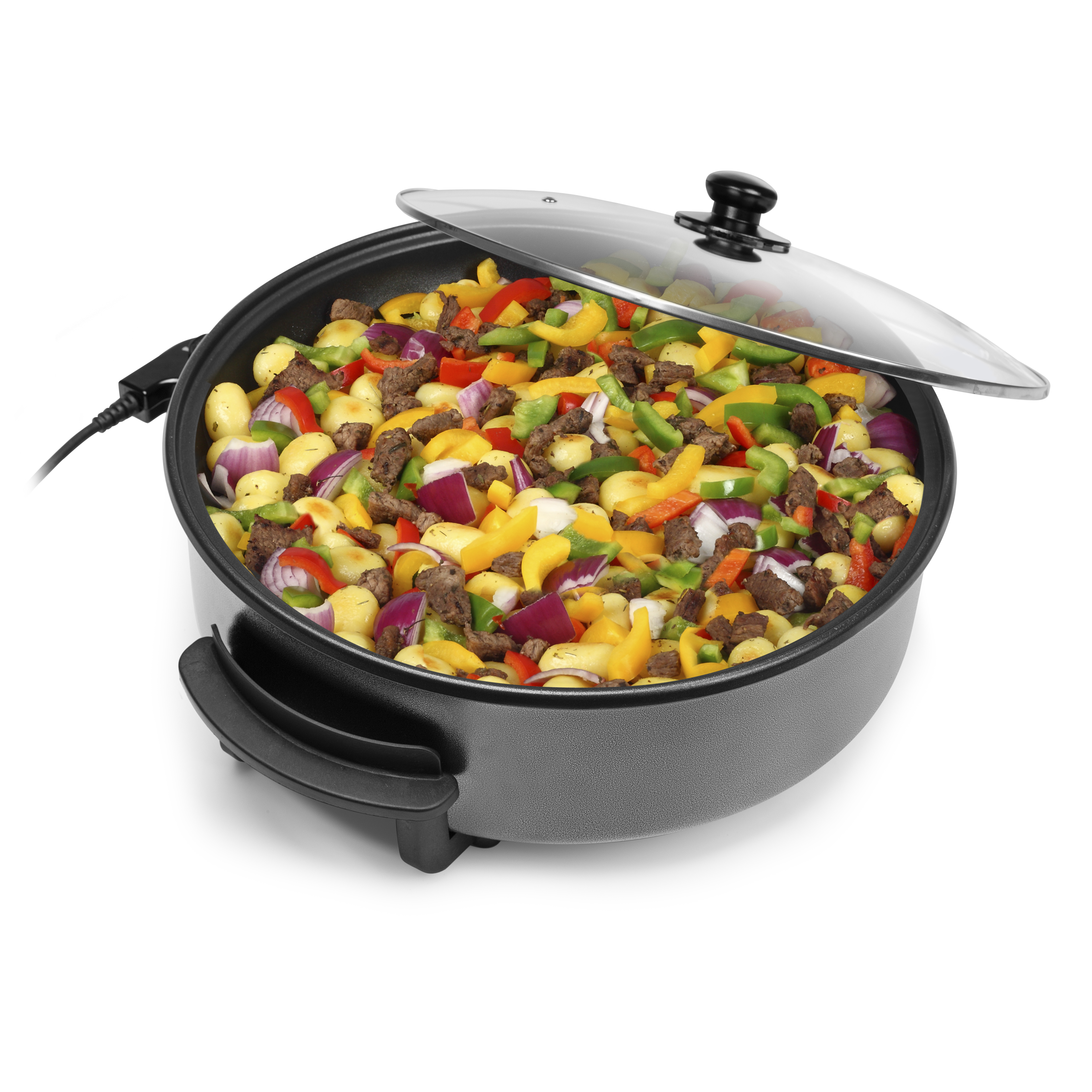 Sartén eléctrica con comida cocinada, parcialmente cubierta.
