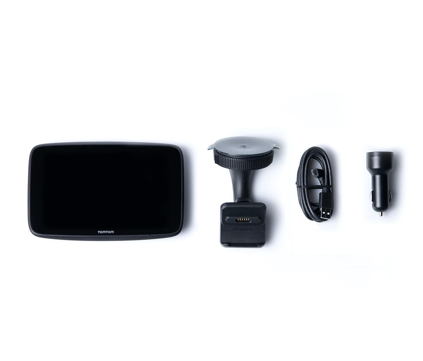 TomTom GPS-Komponenten: Gerät, Halterung, Kabel und Autoladegerät. Schwarz auf weißem Hintergrund.