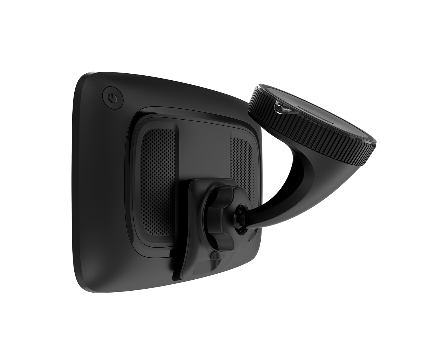 TomTom GPS-Gerät an einer Halterung befestigt. Schwarzes Gerät, schwarze Halterung, weißer Hintergrund.