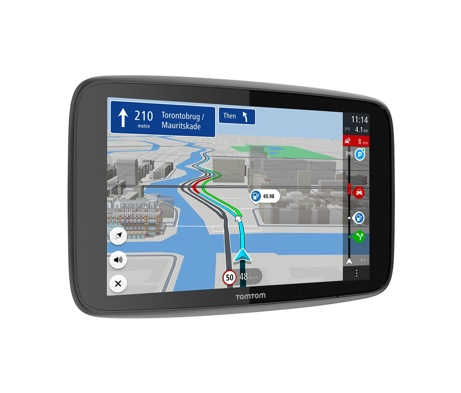 TomTom-GPS mit einer Karte und Route auf dem Bildschirm.