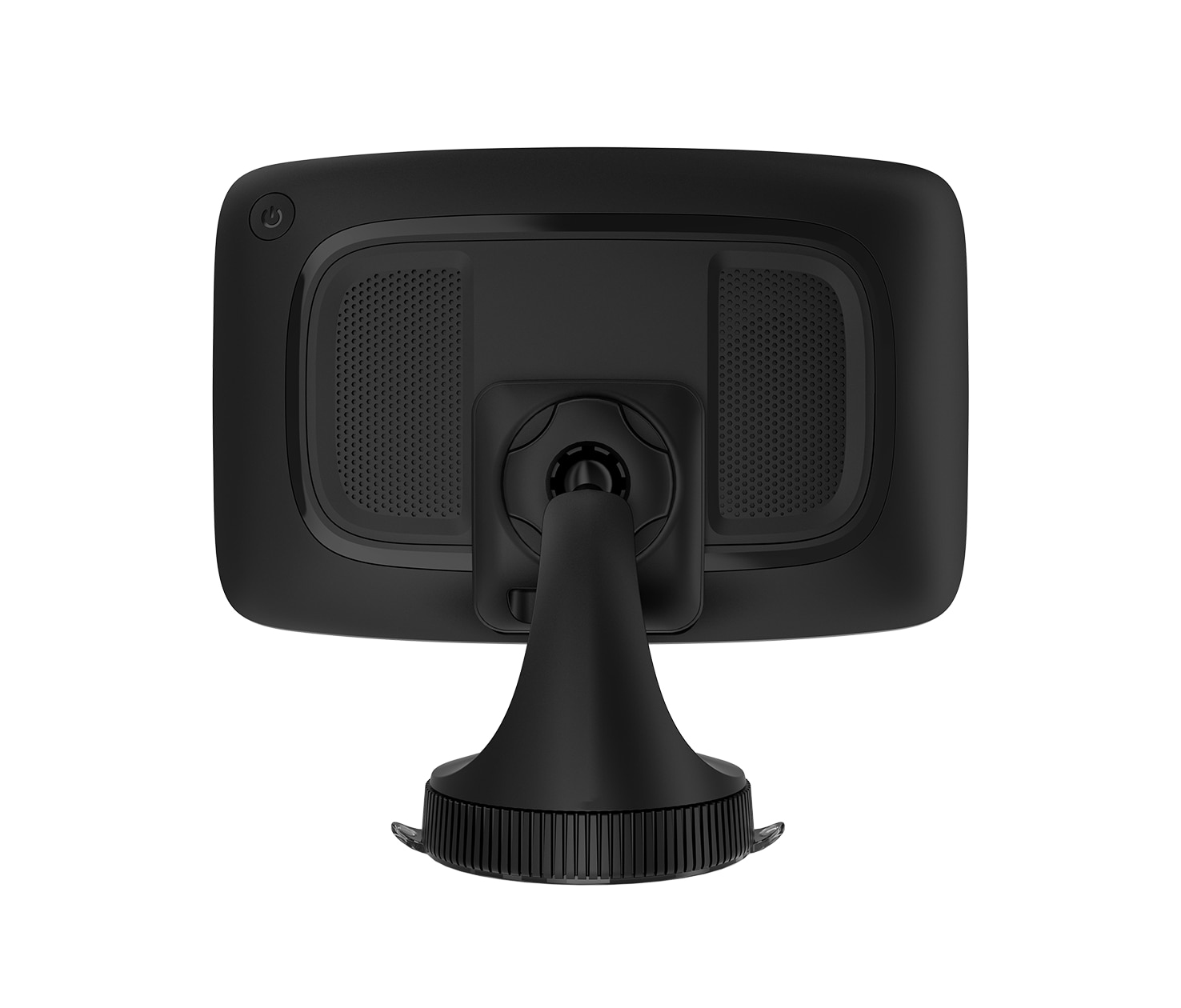 Rückseite eines TomTom GPS-Geräts, das an einer Halterung befestigt ist. Schwarz, weißer Hintergrund.