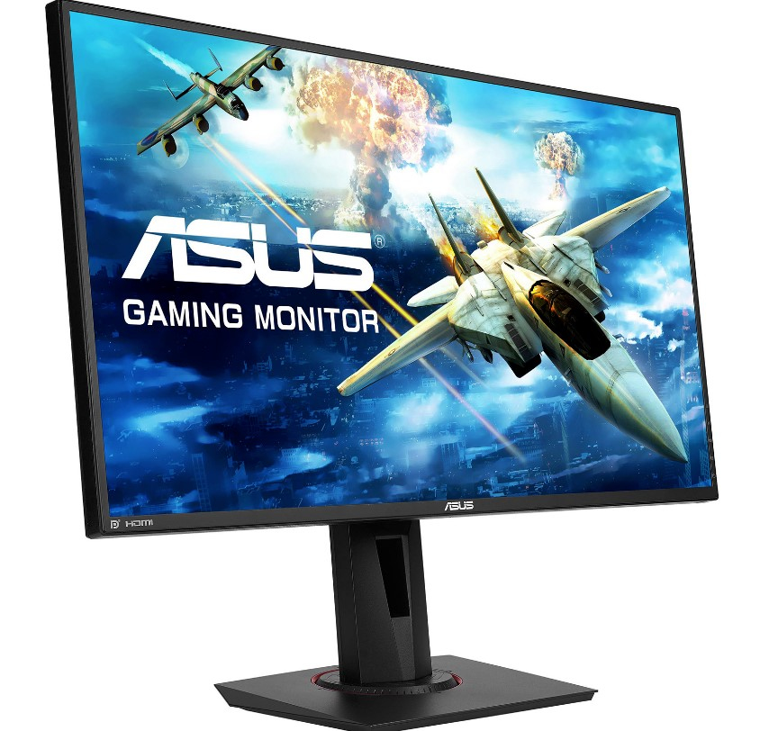 Un monitor de juegos ASUS muestra una escena de aviones en el cielo con una escena de batalla.