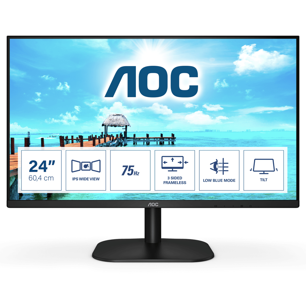 Un monitor AOC de 24 pulgadas con una escena de playa en la pantalla. Base y marco negros.