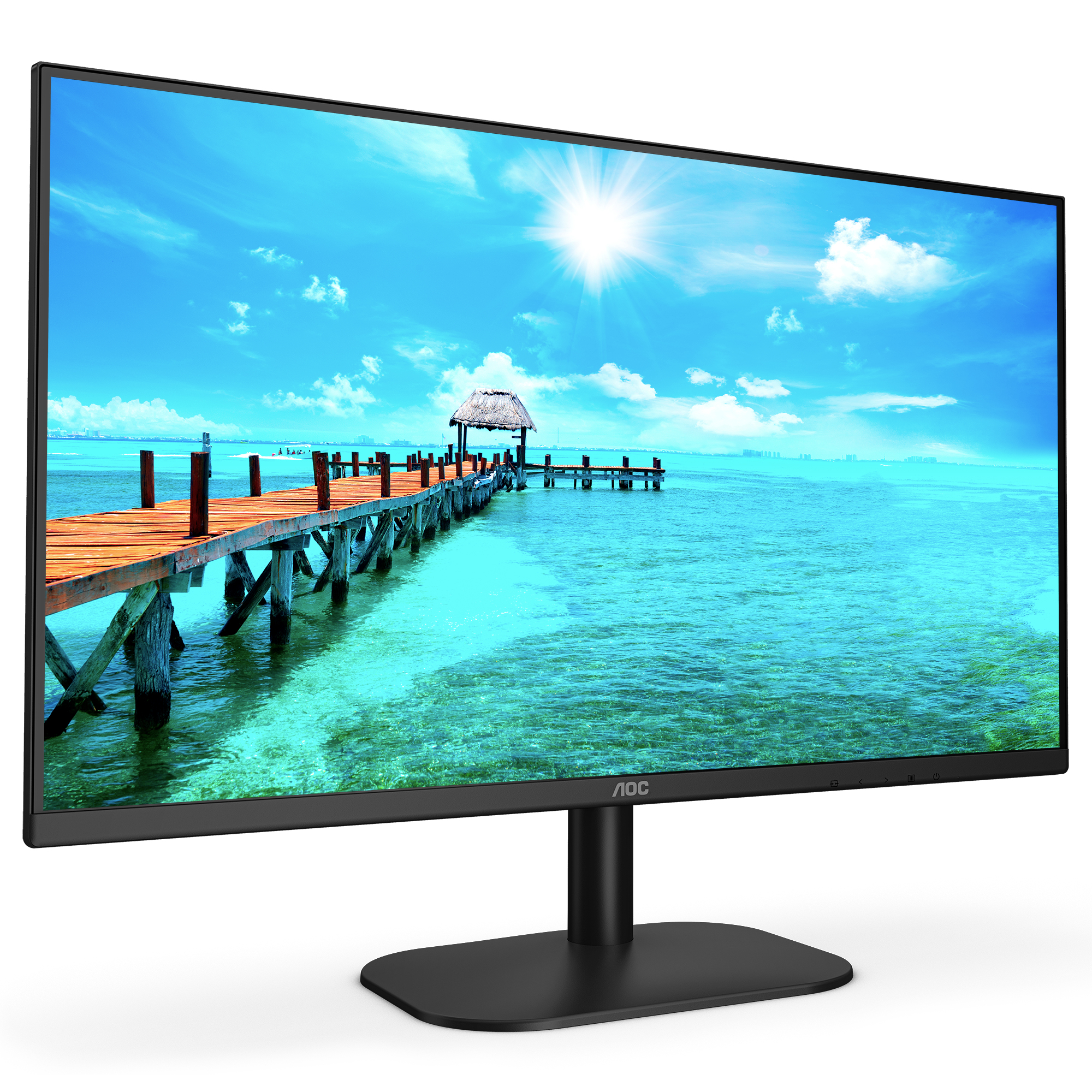 Un monitor de computadora muestra una escena de playa soleada con un muelle.