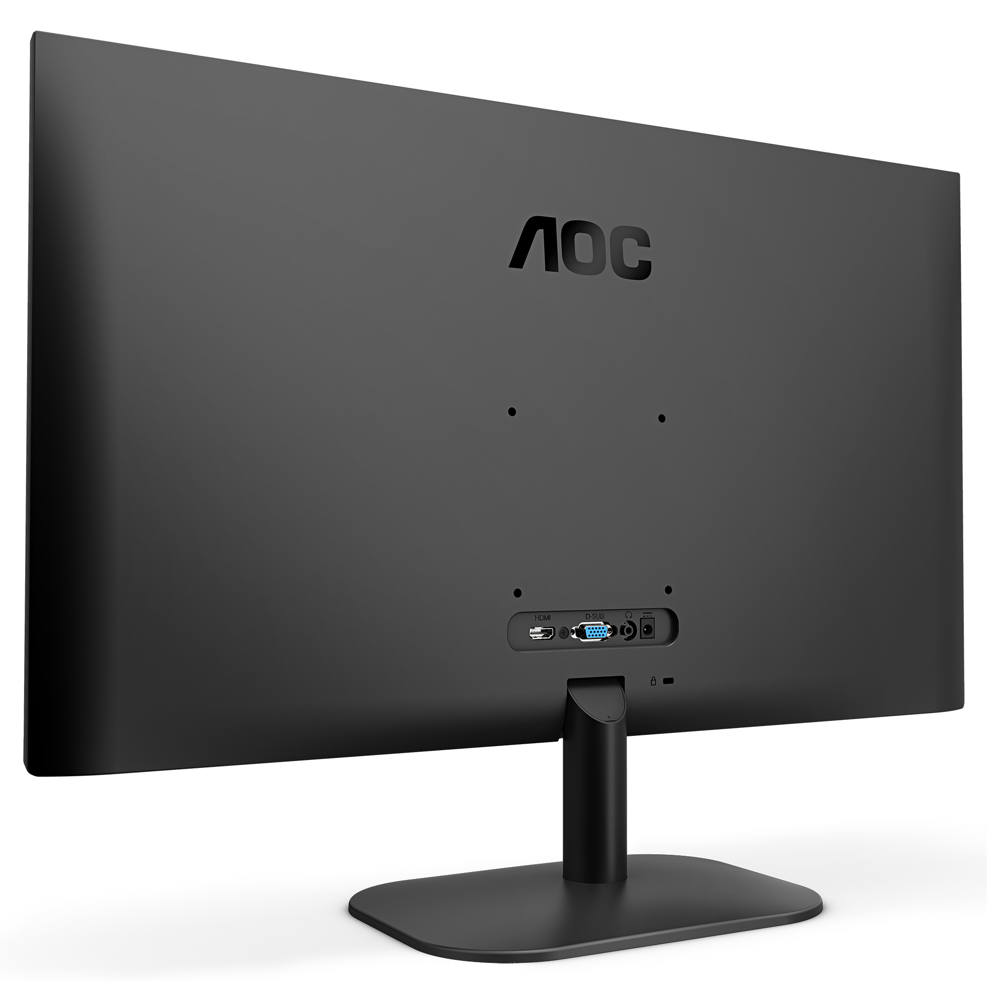 Monitor AOC negro, vista trasera, con puertos y el logotipo de la marca.