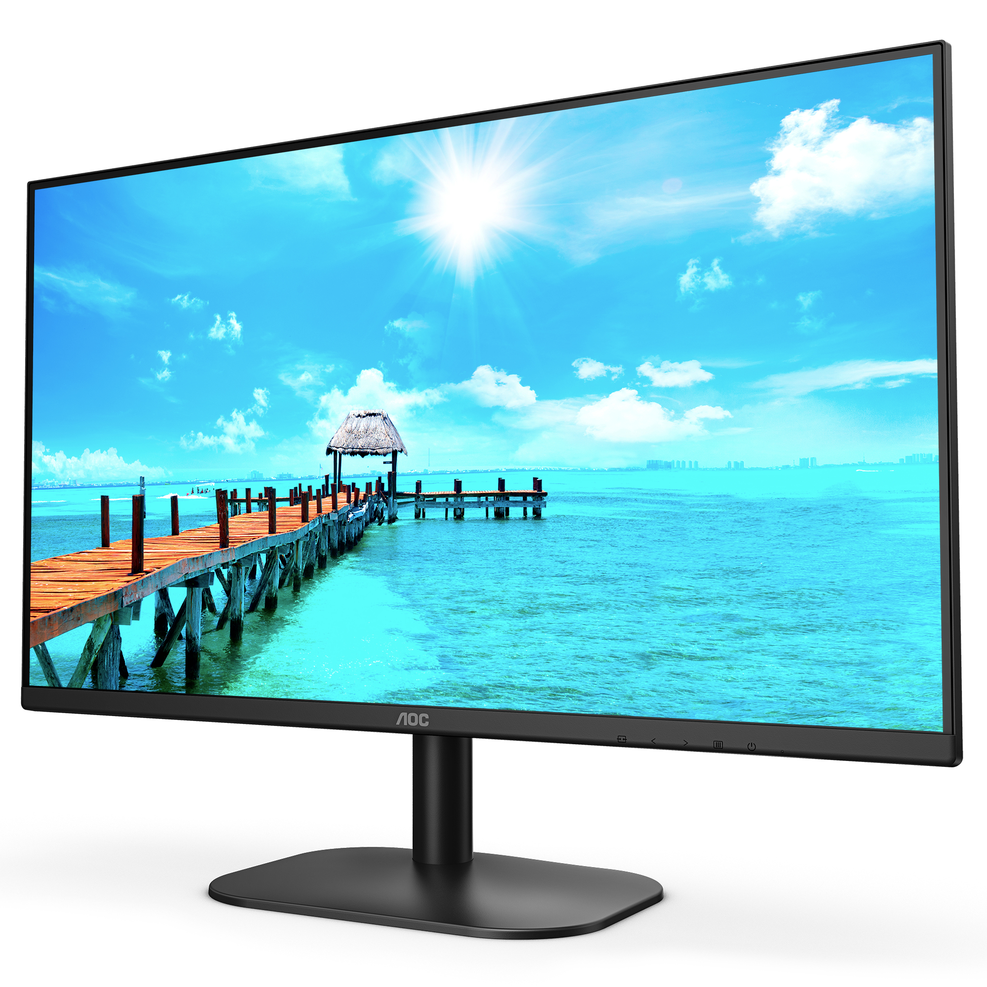 Monitor AOC, que muestra una escena de playa con un muelle y cielo azul. El monitor es negro.