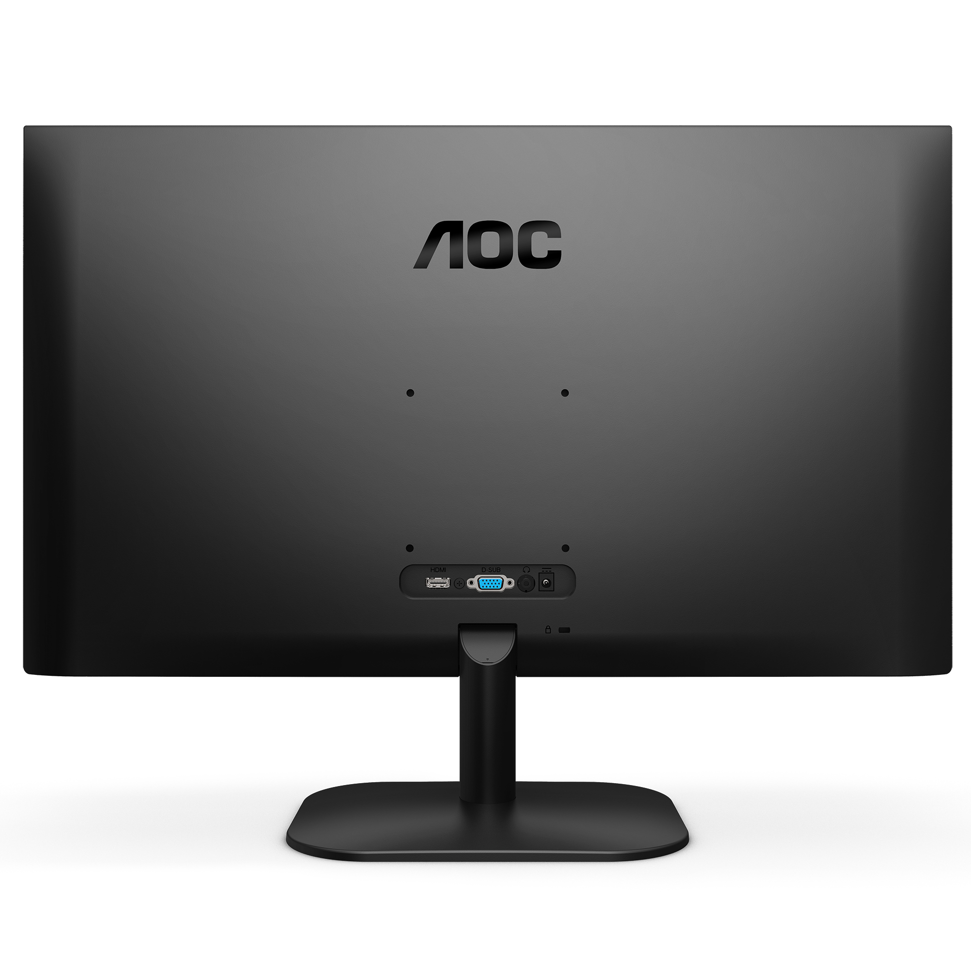 Parte posterior de un monitor AOC negro, con puertos y soporte.