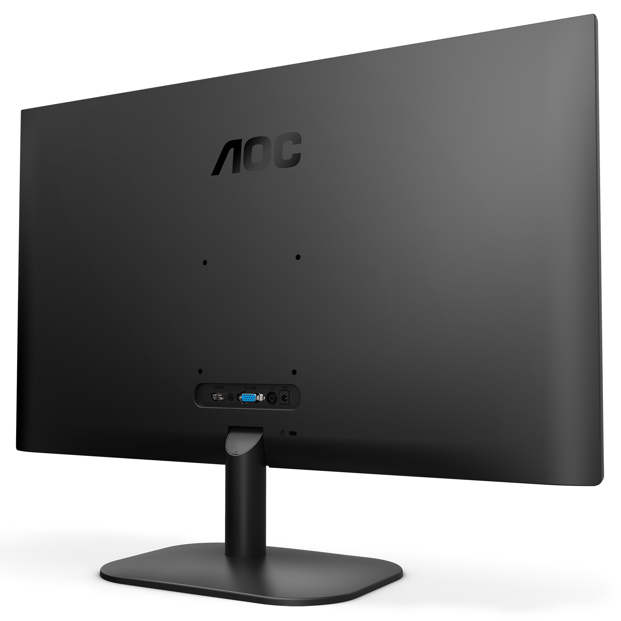 Vista trasera de un monitor de computadora negro, con puertos y el logotipo de AOC.