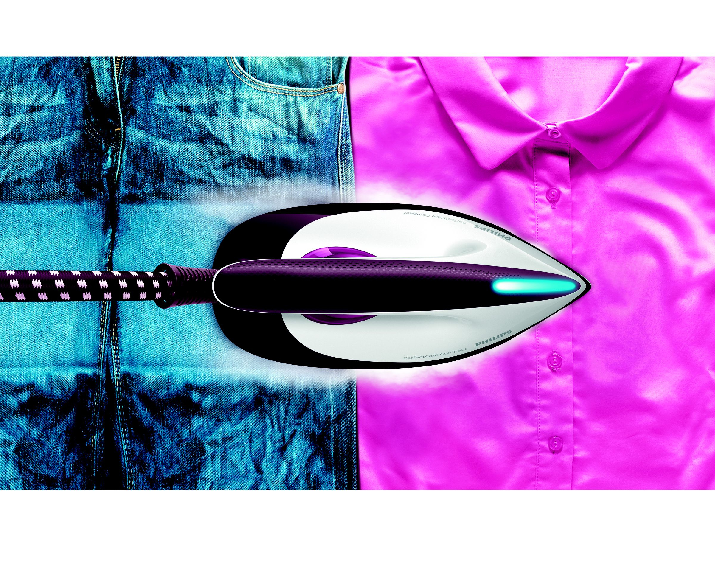 Planchando ropa: vaqueros a la izquierda, camisa rosa a la derecha, con plancha Philips en medio.
