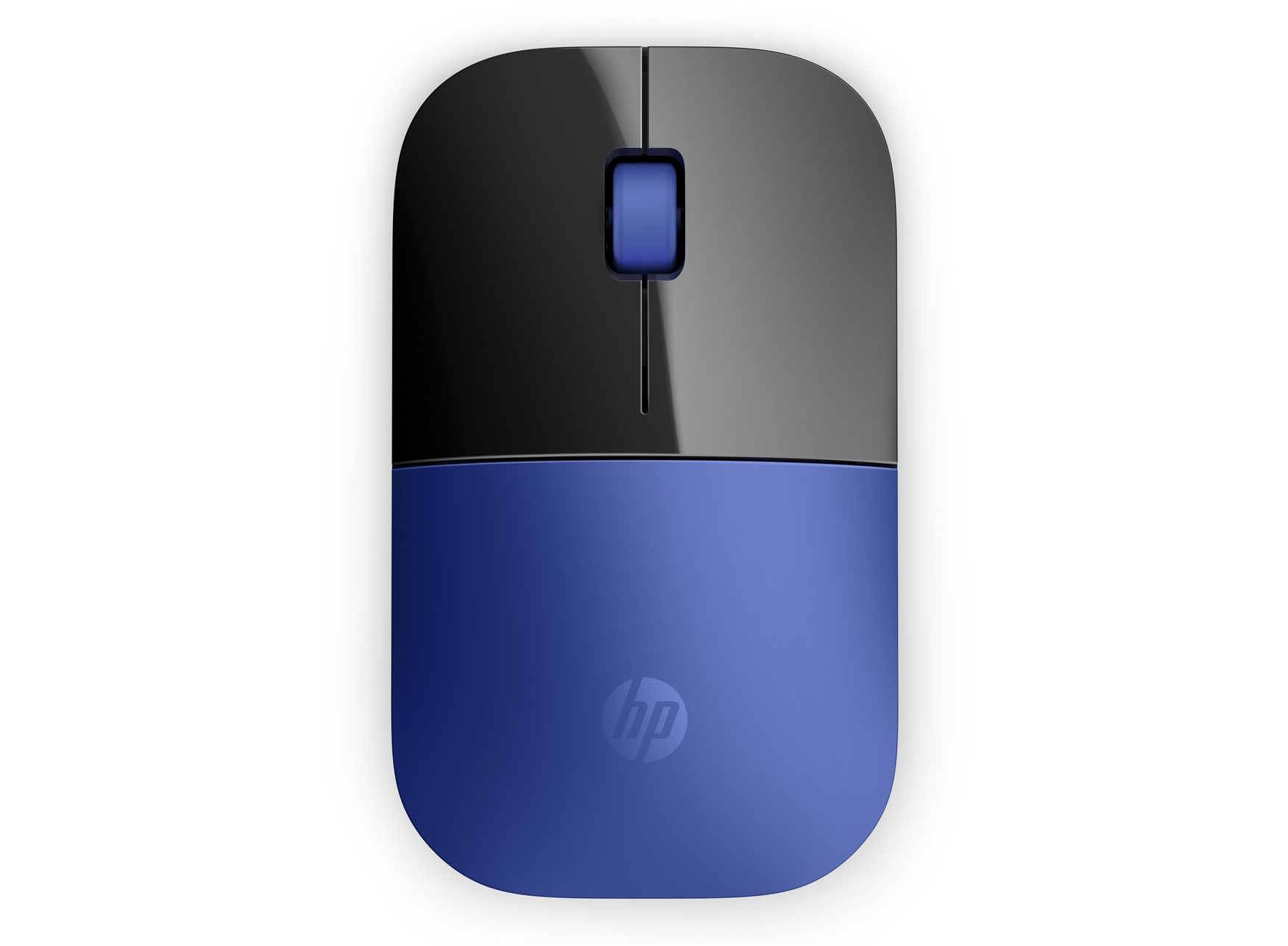 Un ratón de ordenador HP negro y azul sobre fondo blanco.