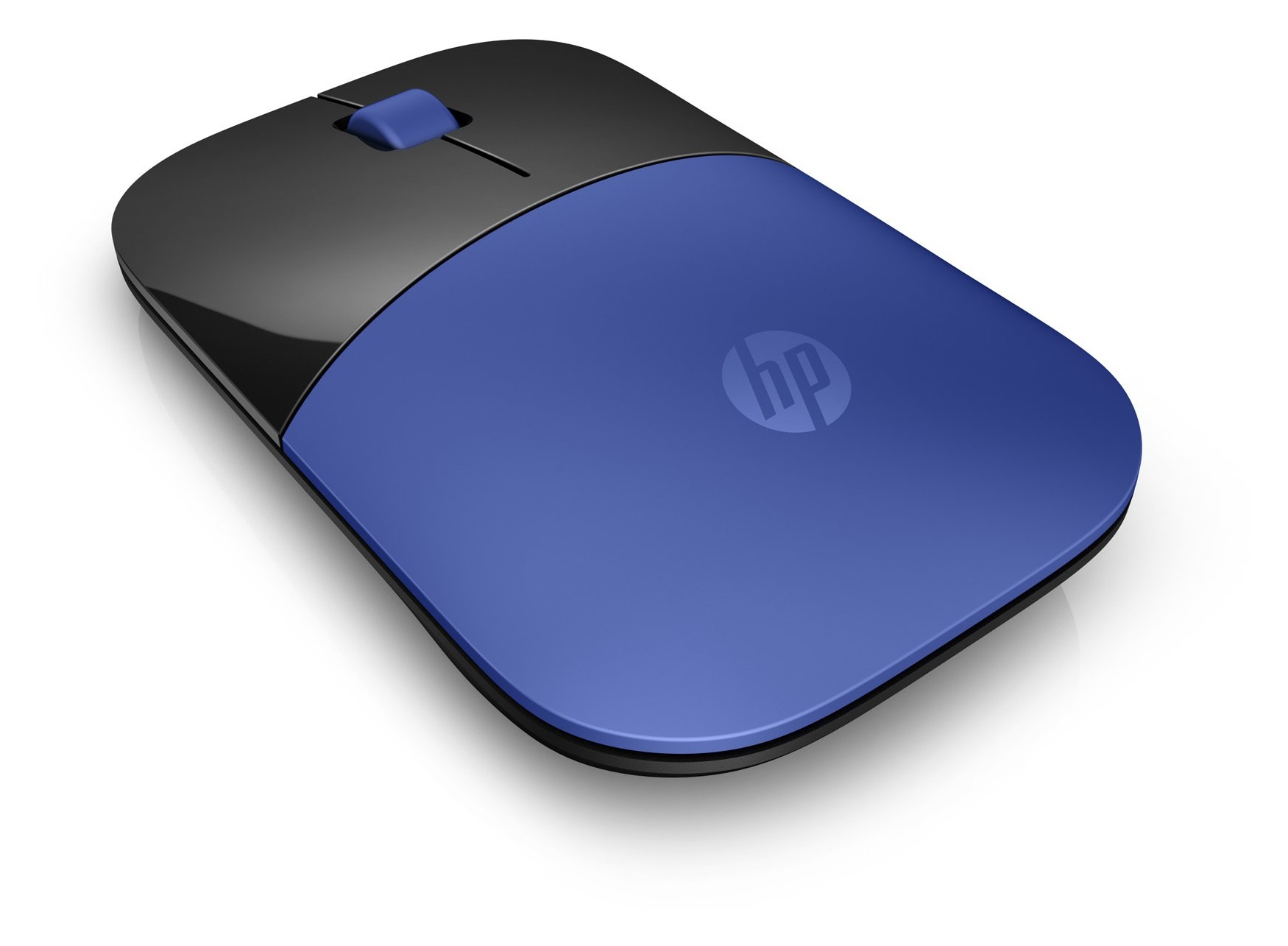 Un ratón HP azul y negro con rueda de desplazamiento sobre fondo blanco.