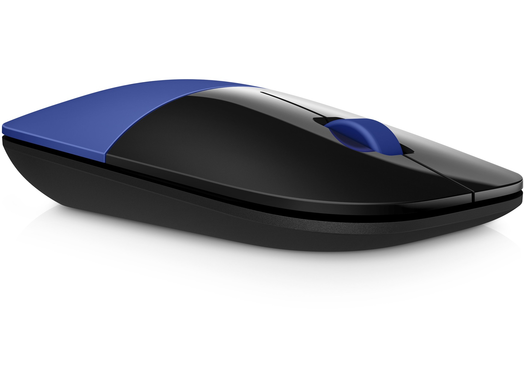 Un ratón de ordenador negro y elegante con detalles en azul sobre fondo blanco.