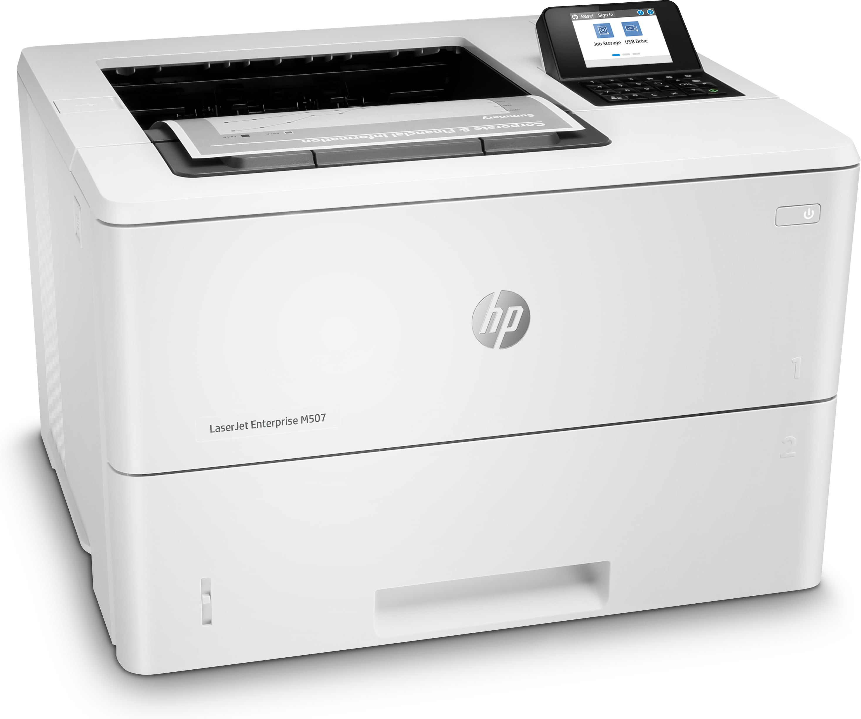 Ein weißer HP Laserjet Enterprise M507 Drucker. Er hat einen Bildschirm und mehrere Fächer.