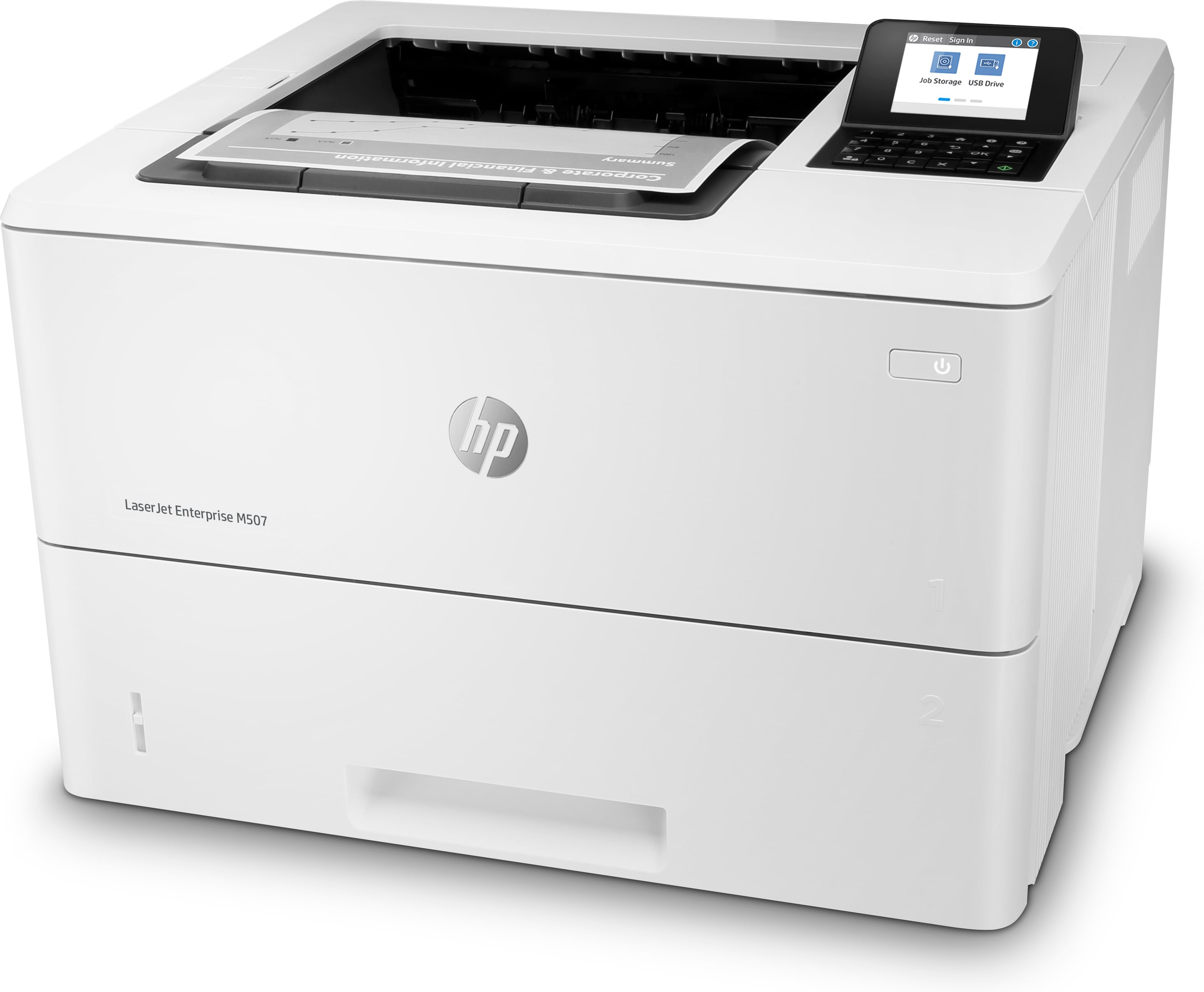 Ein weißer HP LaserJet Drucker mit Bedienfeld und Papierfach.