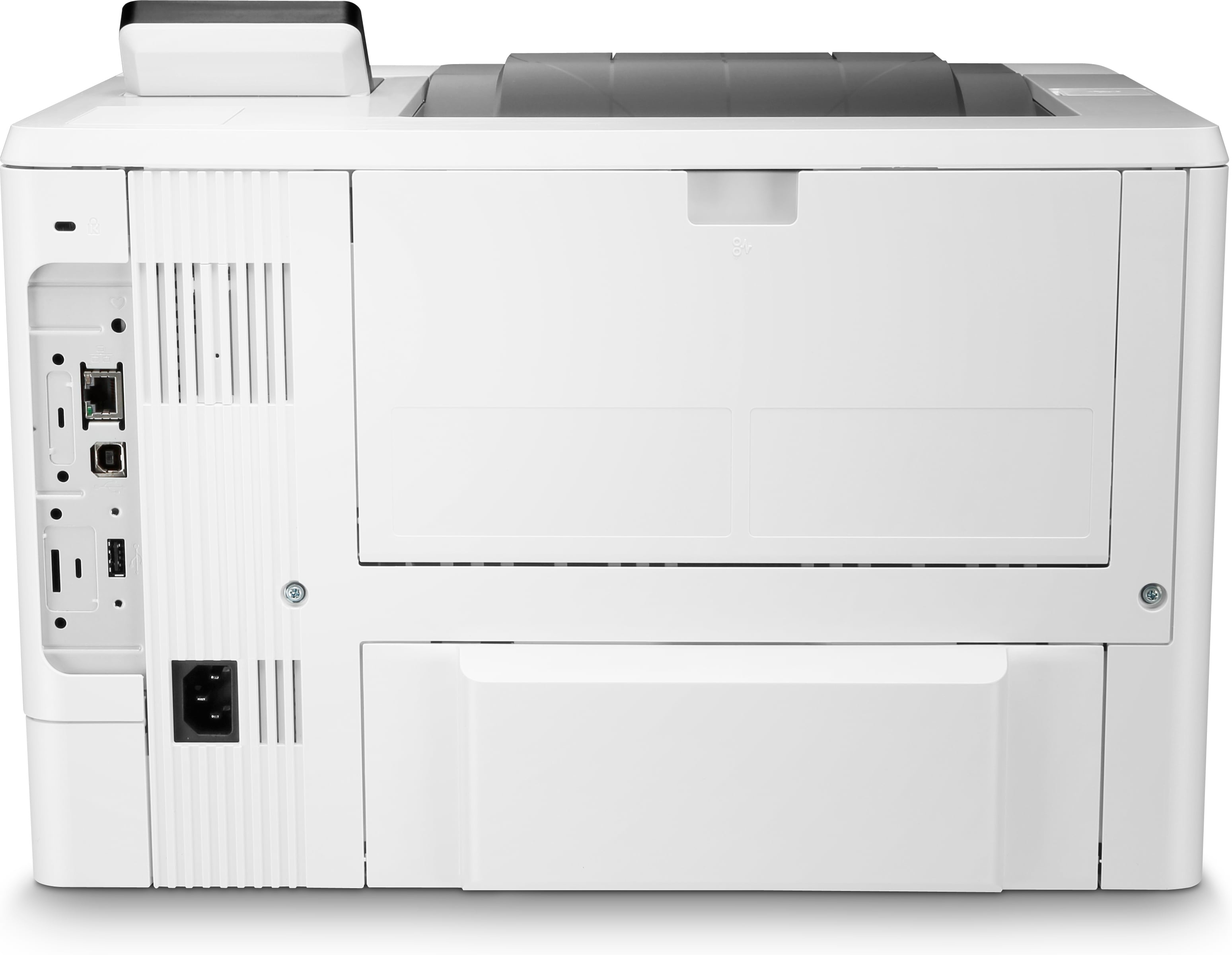 Die Rückseite eines weißen HP-Druckers, die Anschlüsse, einen Lüfter und einen Stromkabelanschluss zeigt.