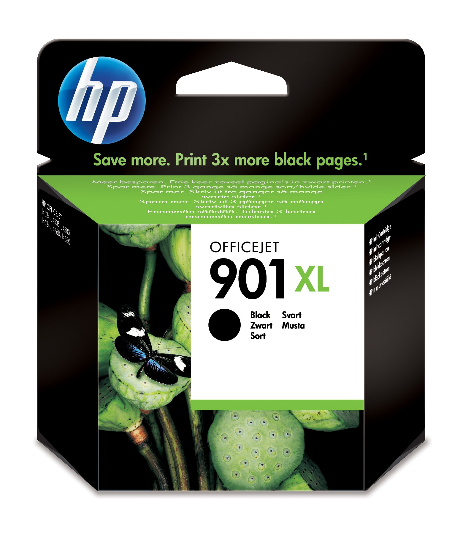 HP Tintenpatrone in Verpackung. Schwarze Tintenpatrone und schwarze Verpackung.