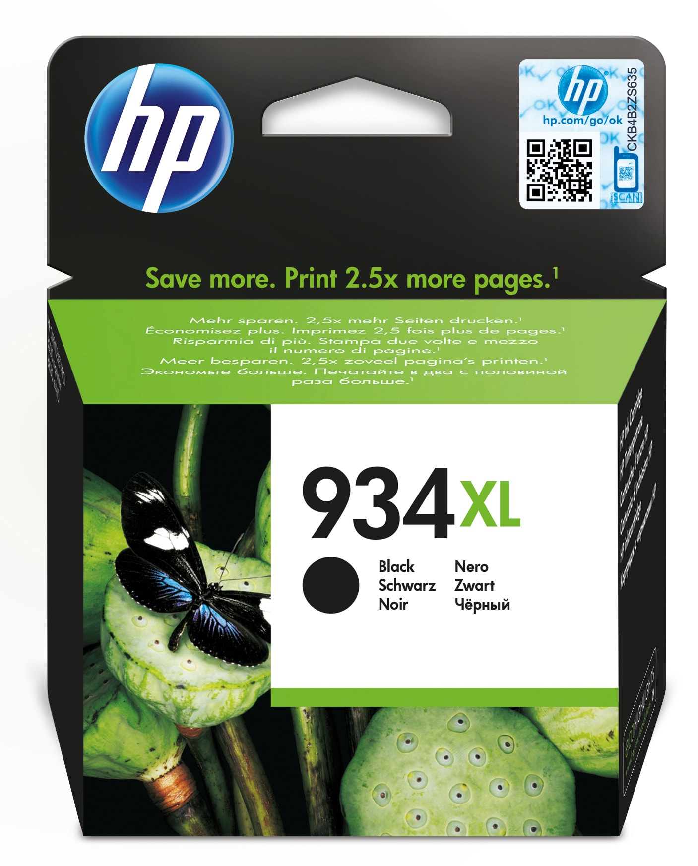 HP Tintenpatronenbox mit Schmetterling, Text: 934XL Schwarz. Die Box hat ein grünes und schwarzes Design.