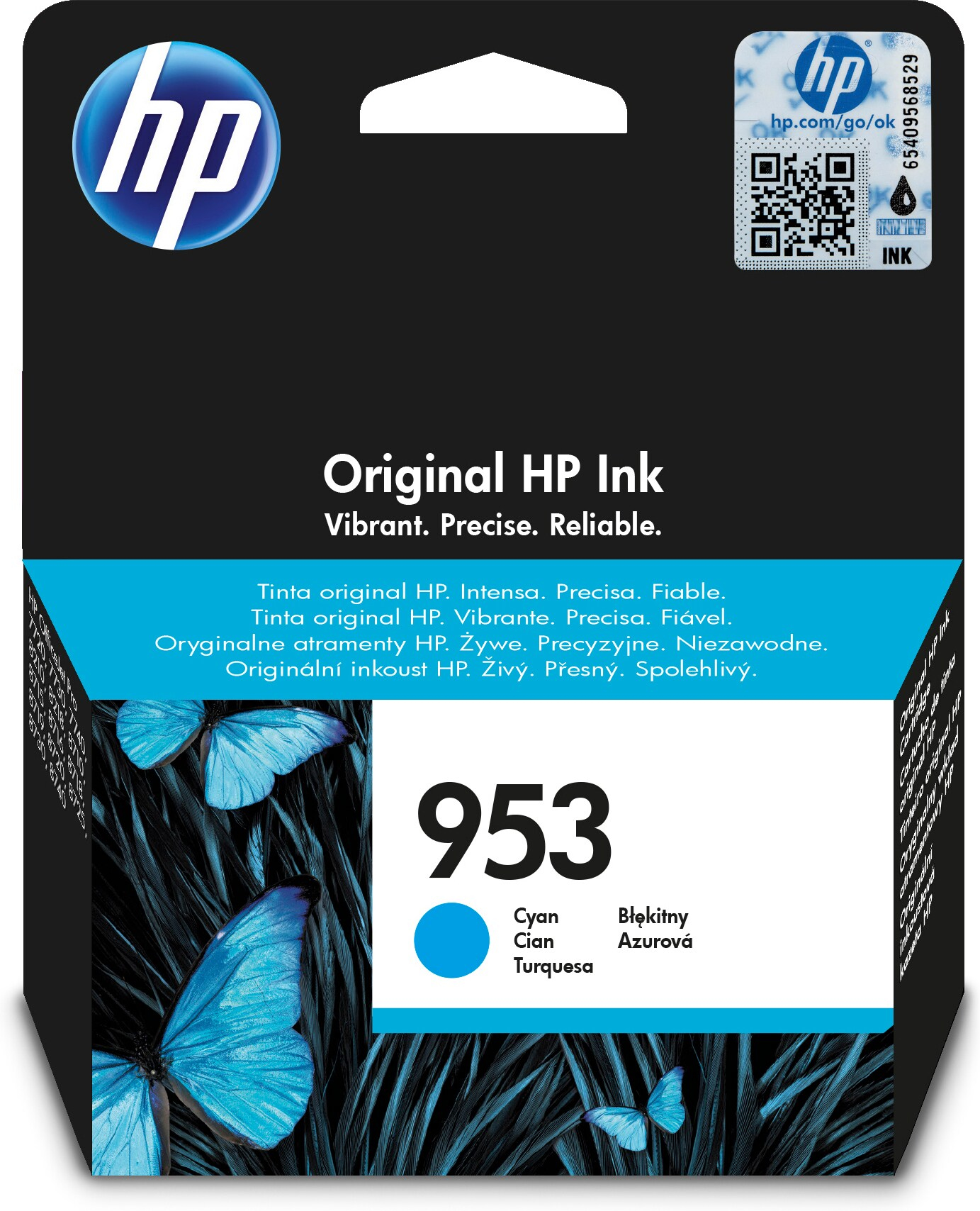 HP Tintenpatrone. Die Patrone ist cyanfarben. Sie hat einen QR-Code und ein HP-Logo.