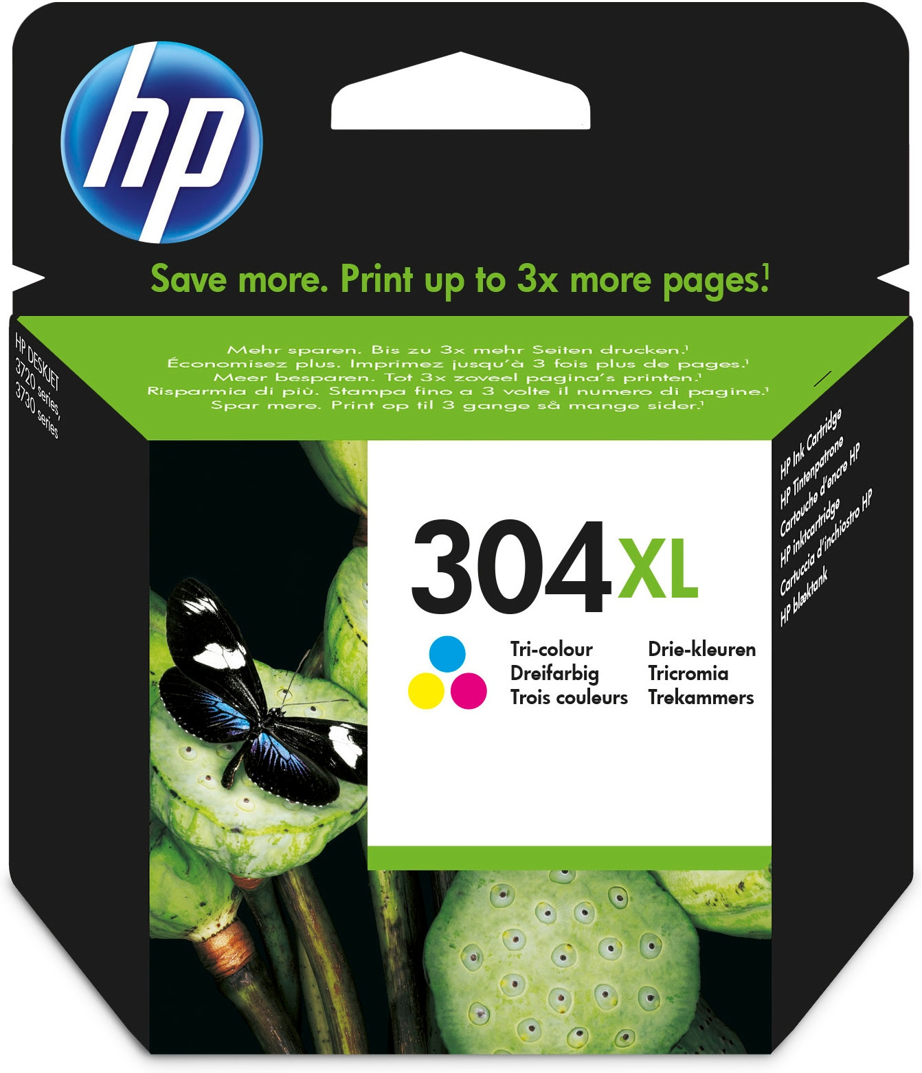 Eine HP-Tintenpatronenbox mit Schmetterling auf grüner Pflanze. Text lautet '304XL' und 'Tri-colour'.