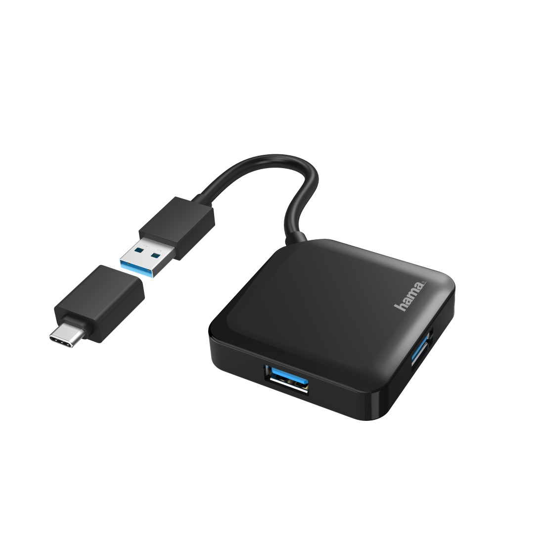 Un hub USB noir avec un connecteur USB-C et USB, et trois ports USB, sur fond blanc.