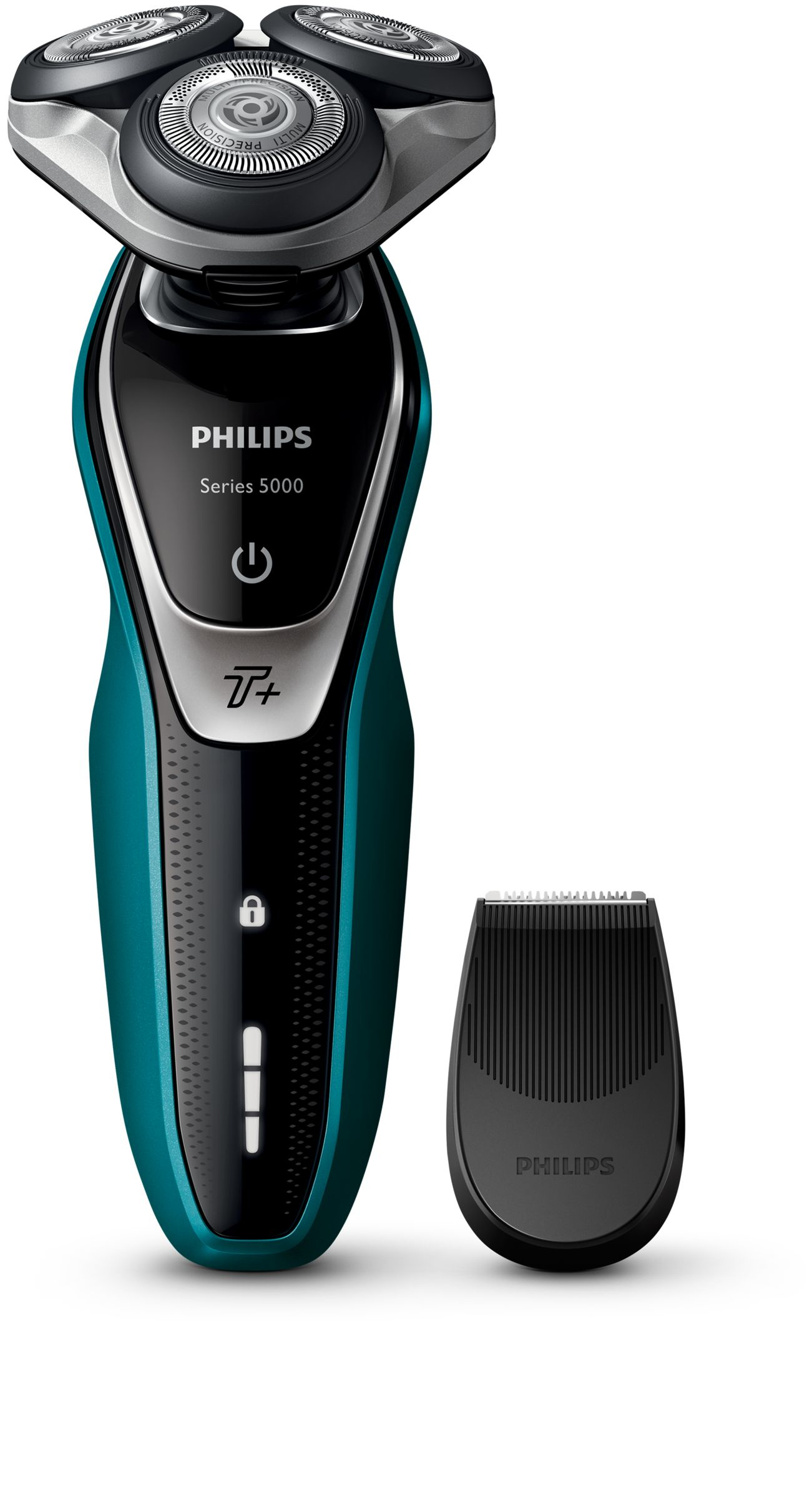 Una afeitadora eléctrica Philips Serie 5000 de color turquesa y negro con un accesorio recortador.