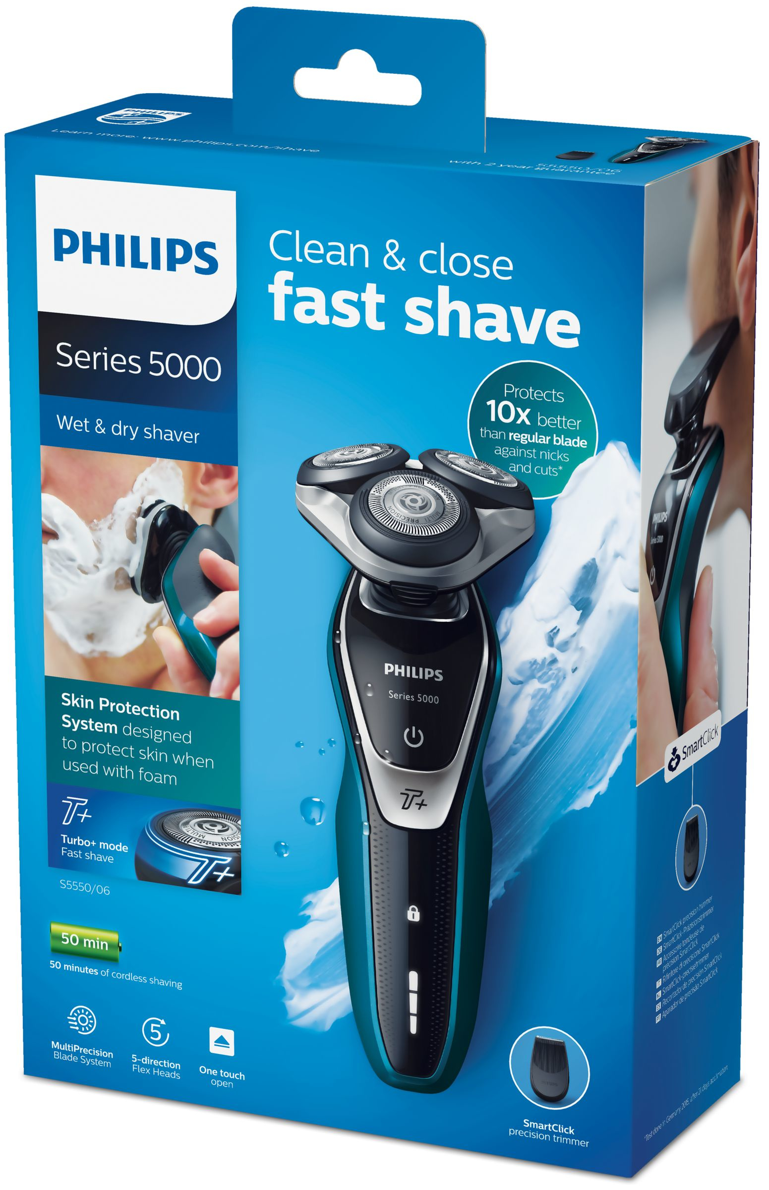 Caja con afeitadora Philips para uso en seco y húmedo, con afeitadora y persona afeitándose.