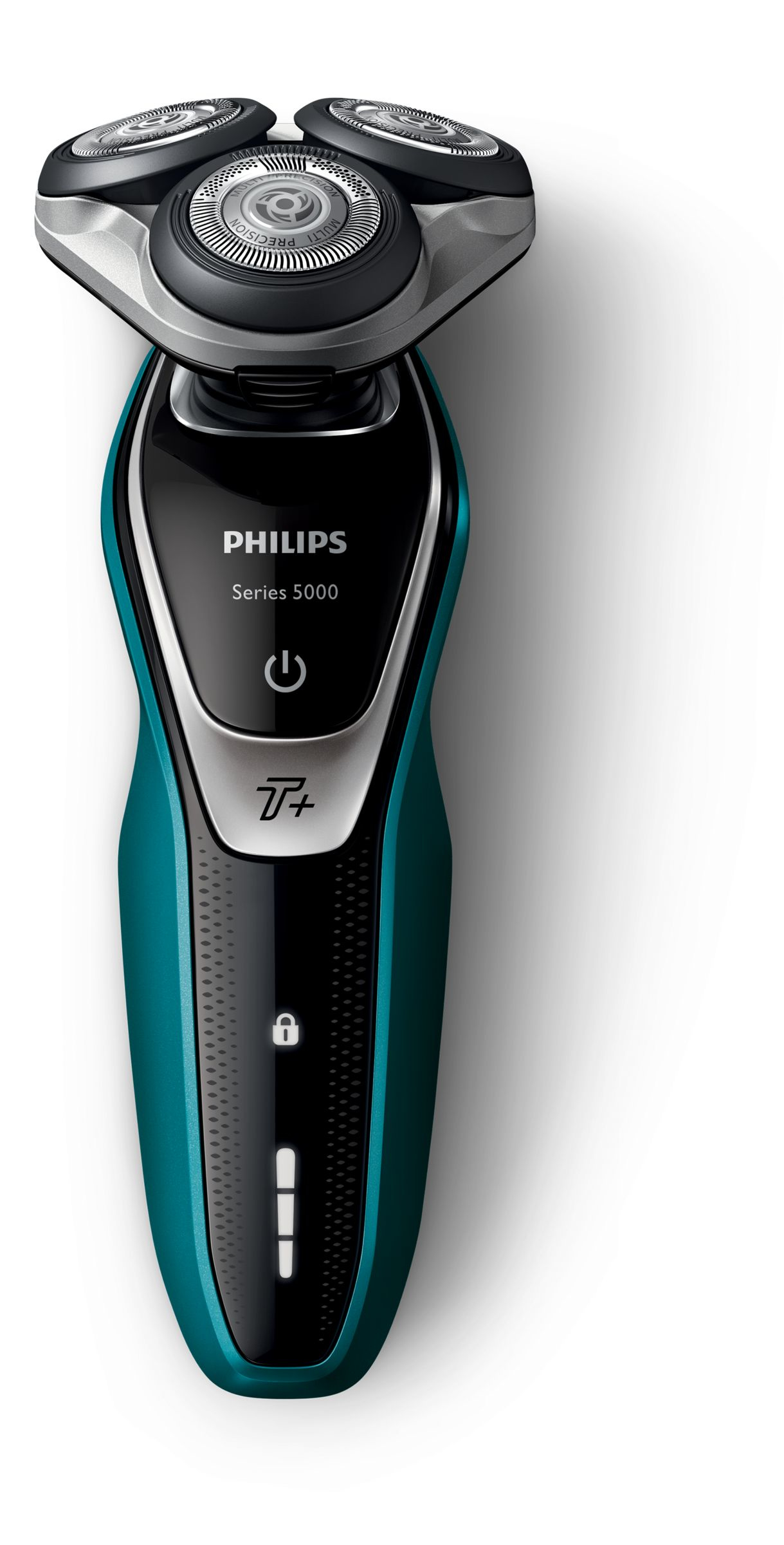 Una afeitadora eléctrica Philips Series 5000 de color verde azulado y negro sobre un fondo blanco.