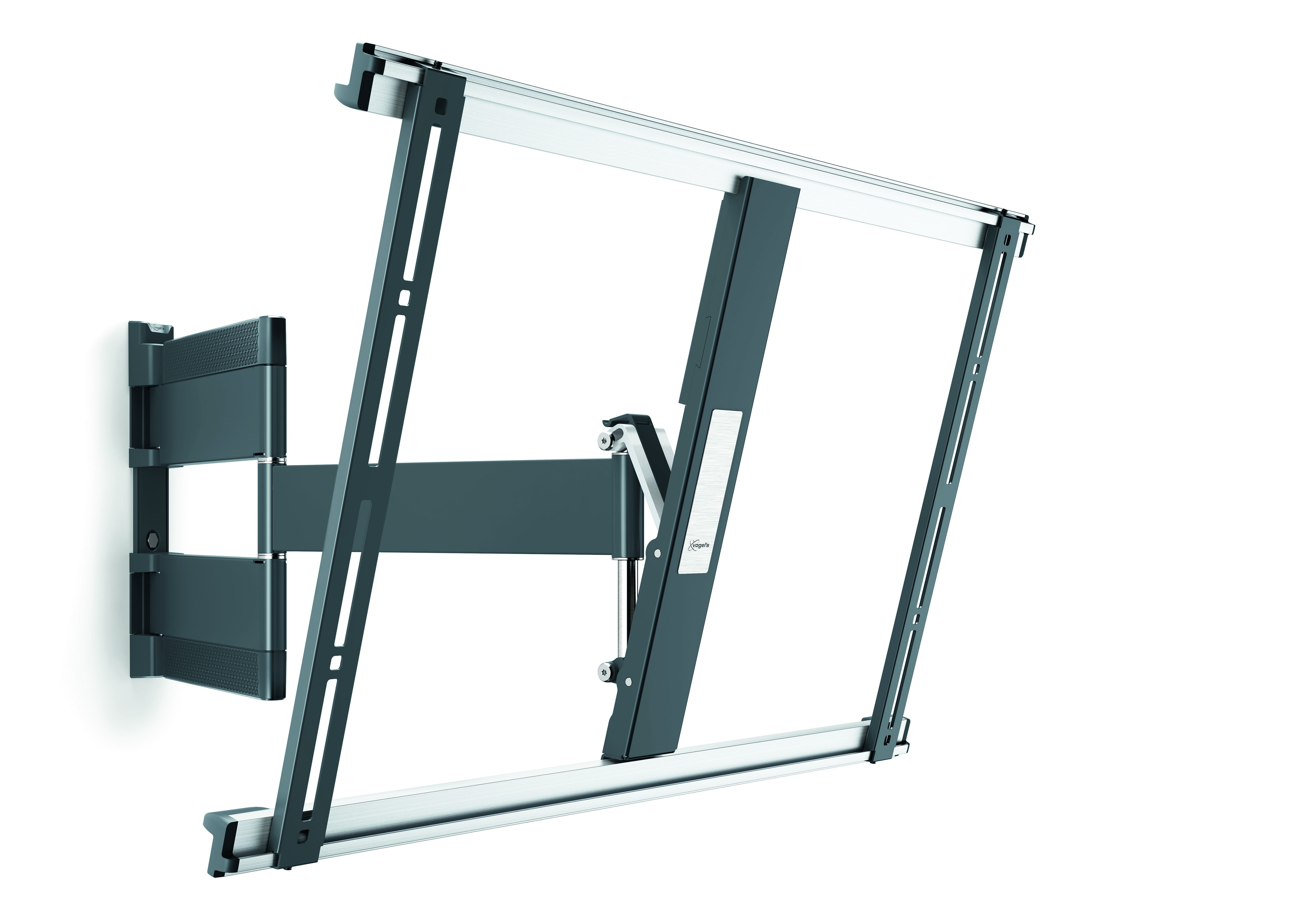 Un soporte de pared para TV gris y plateado está montado en una pared blanca. El soporte está en ángulo.