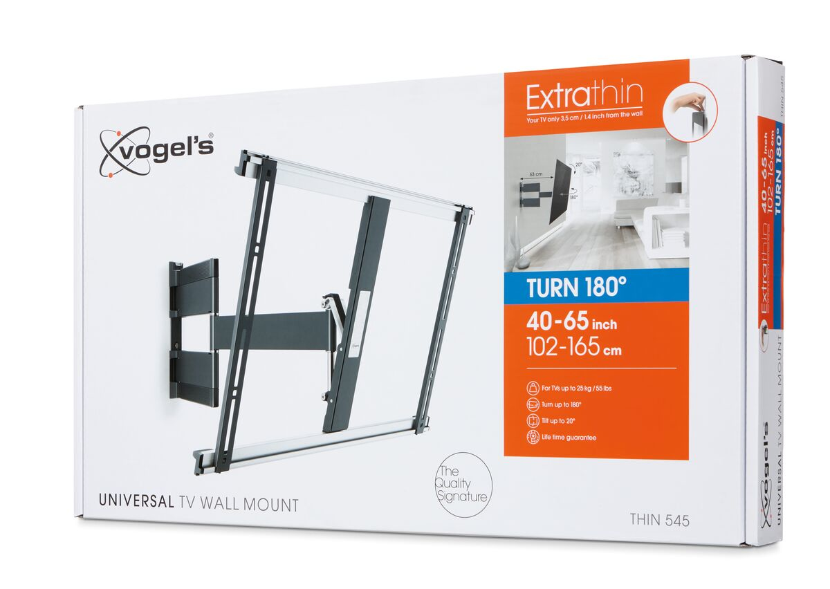Caja de soporte de pared para TV con imagen y texto del producto.