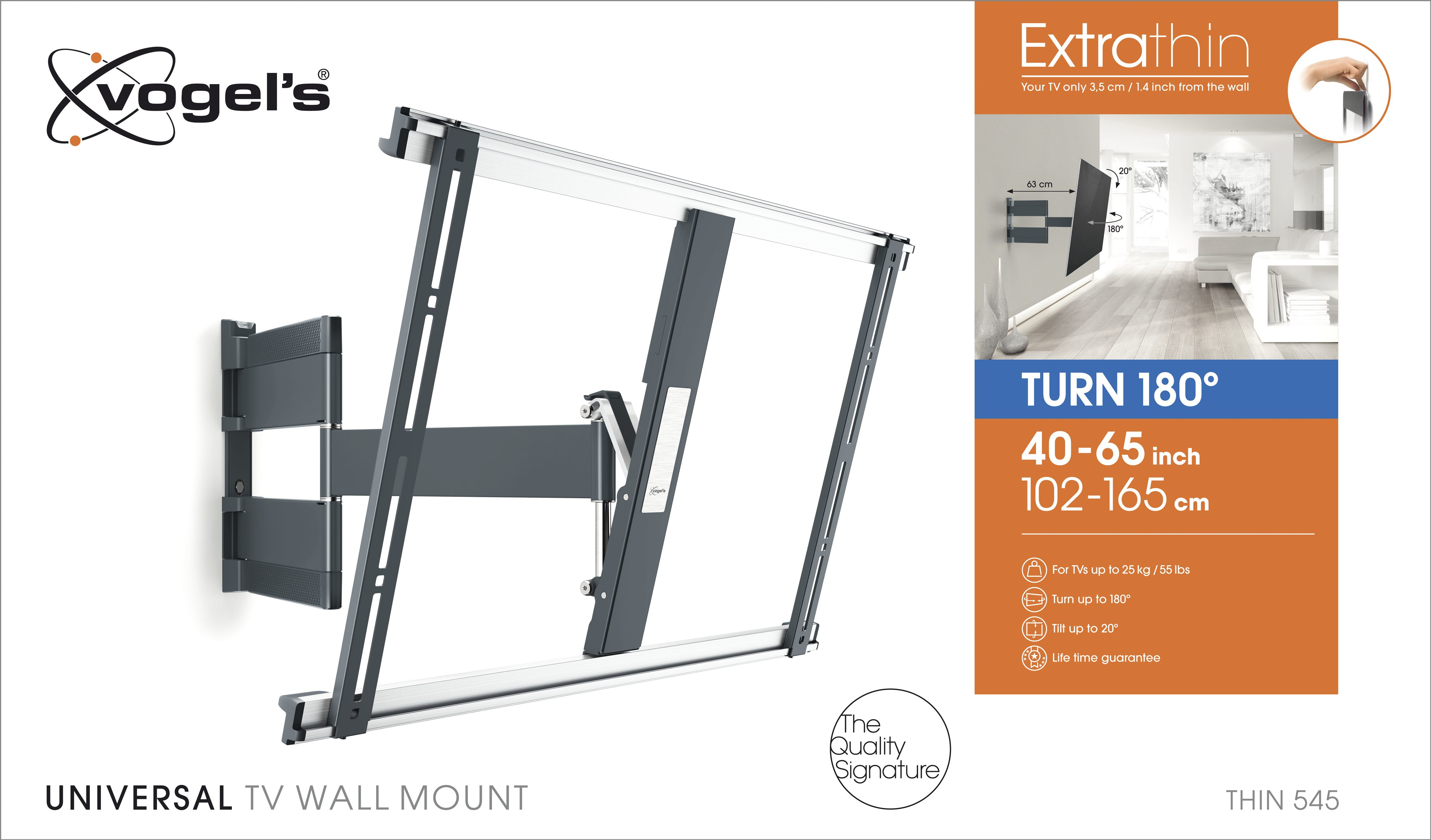 Un soporte de pared para TV, con texto que describe sus características. Muestra cómo girar el televisor 180 grados.