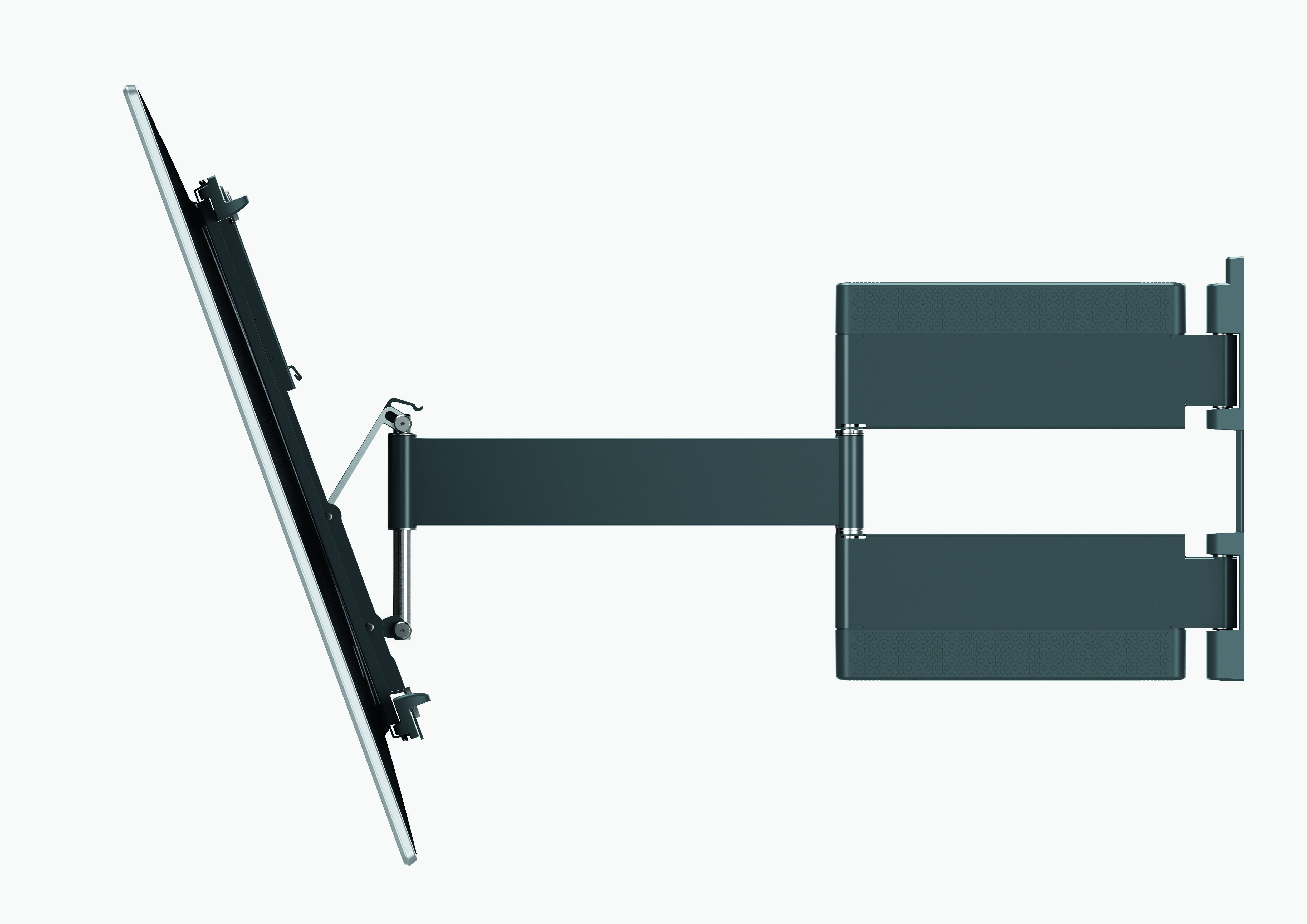 Un televisor montado en un soporte de pared gris y extensible. El televisor está inclinado hacia la izquierda.