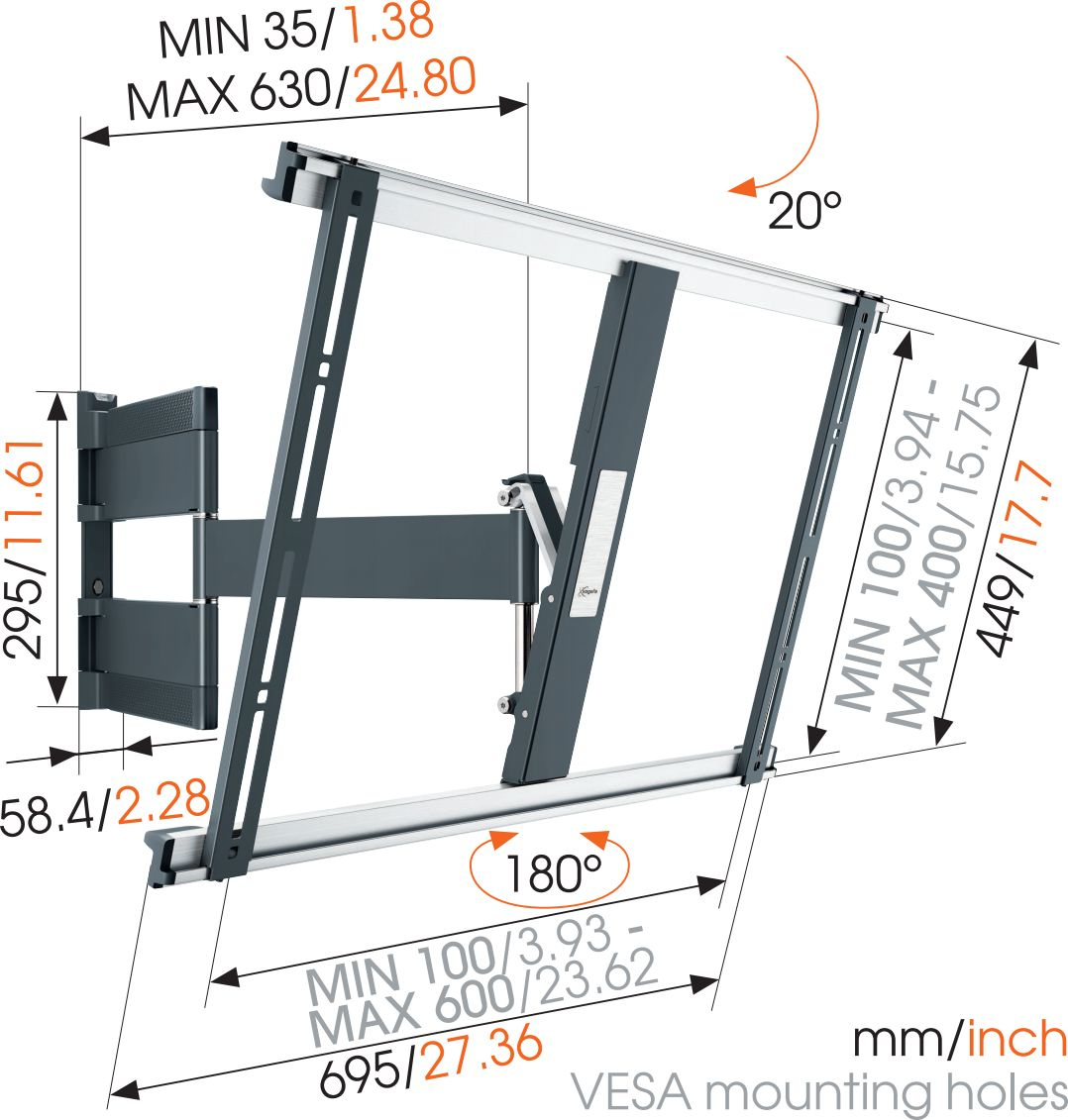 Soporte de pared para TV con medidas y dimensiones. Combinación de colores gris y negro.