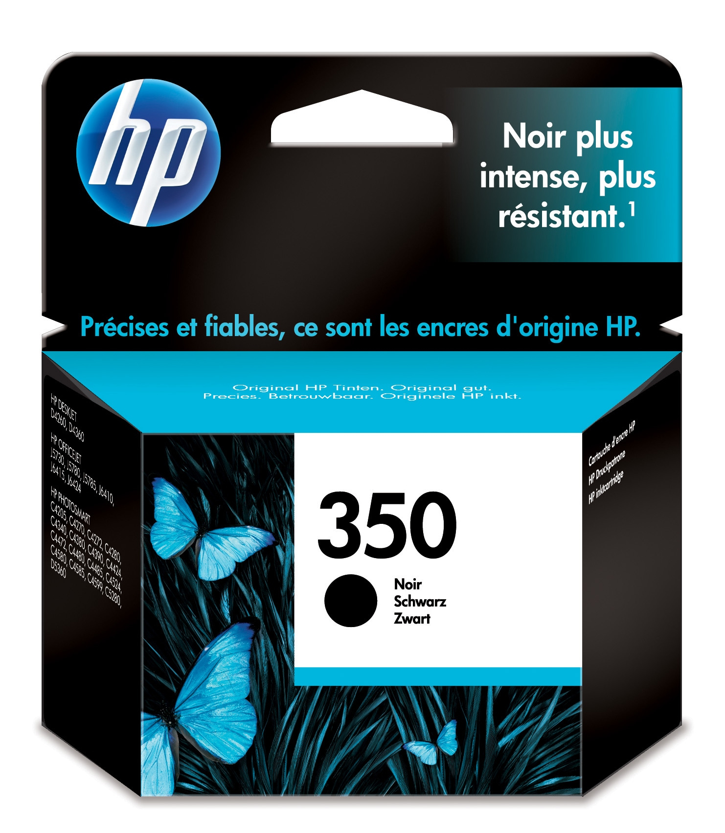 HP-Tintenpatronenbox mit Schmetterlingen und Beschreibung schwarzer Tinte in mehreren Sprachen.
