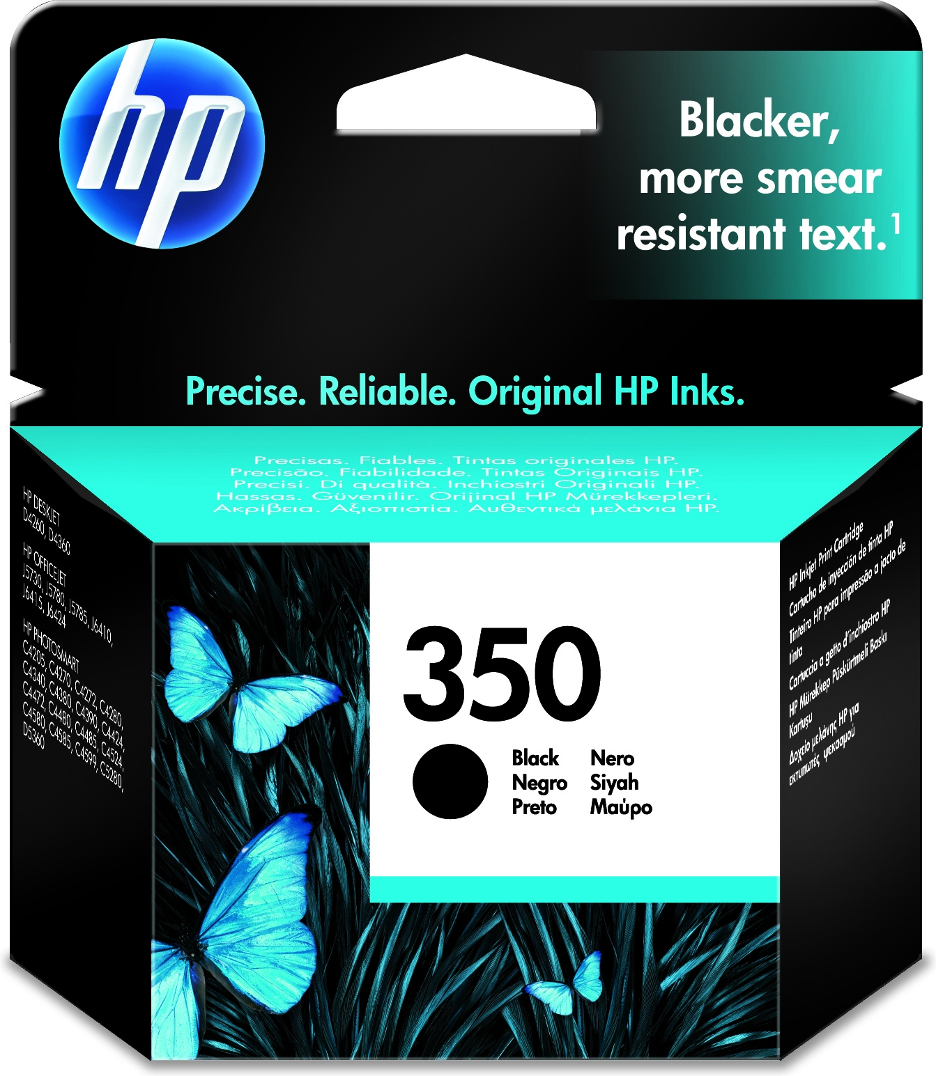 Eine schwarze und blaue HP-Tintenpatronenbox. Der Text betont schwarzen, wischfesten Text.