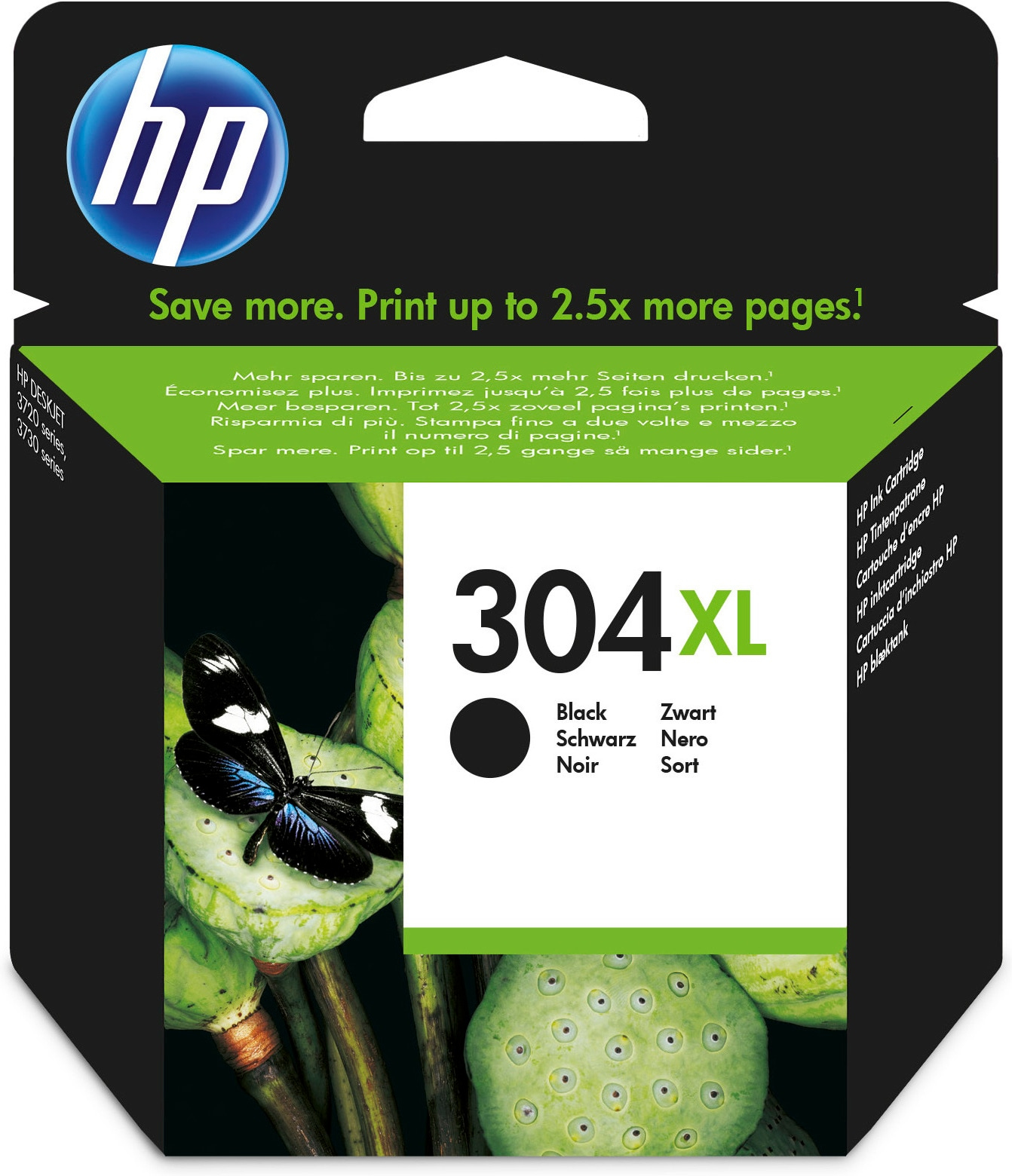 Schwarz-weiße HP 304XL Tintenpatronenbox mit Schmetterling.